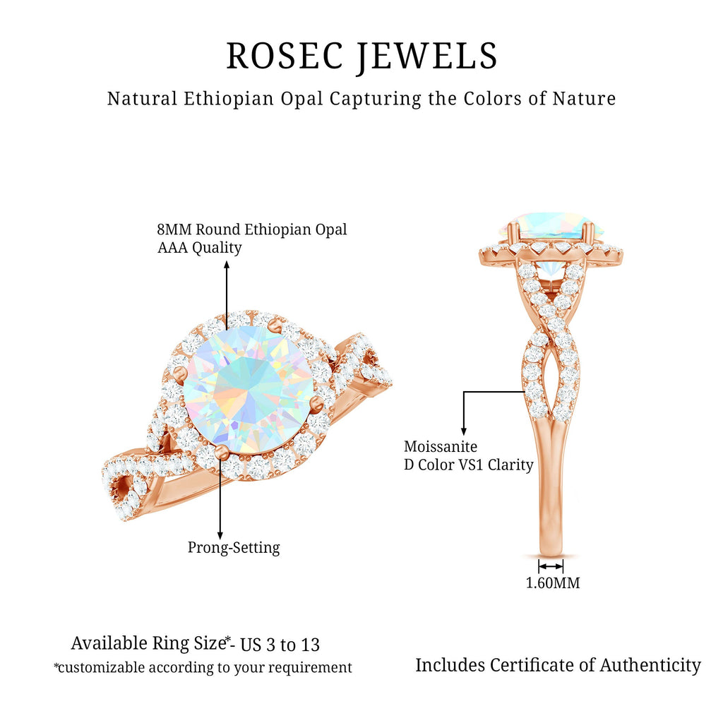 Real 8mm Ethiopian Opal Halo Engagement Ring with Crossover Shank