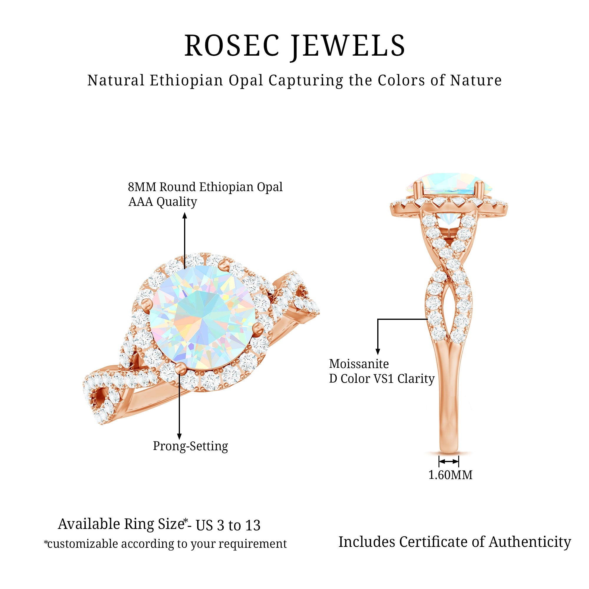 Real 8mm Ethiopian Opal Halo Engagement Ring with Crossover Shank