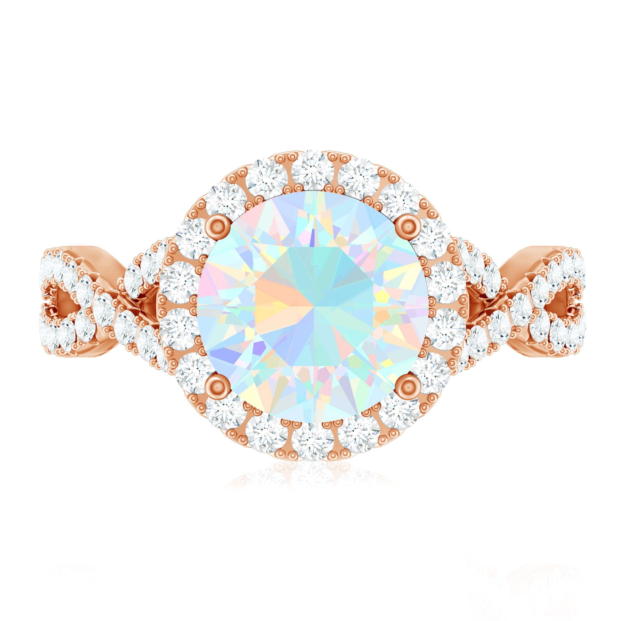 Real 8mm Ethiopian Opal Halo Engagement Ring with Crossover Shank