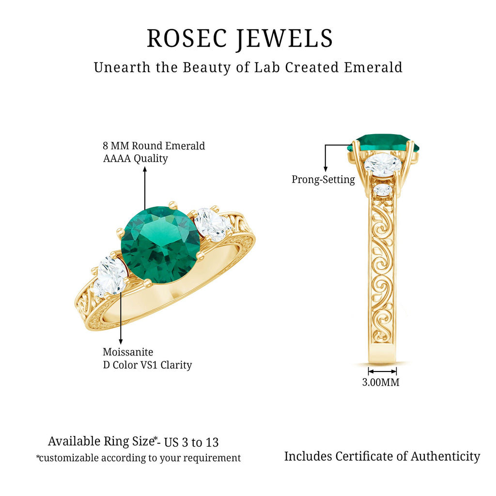 Antique Style Lab Grown Emerald Three Stone Engagement Ring with Moissanite