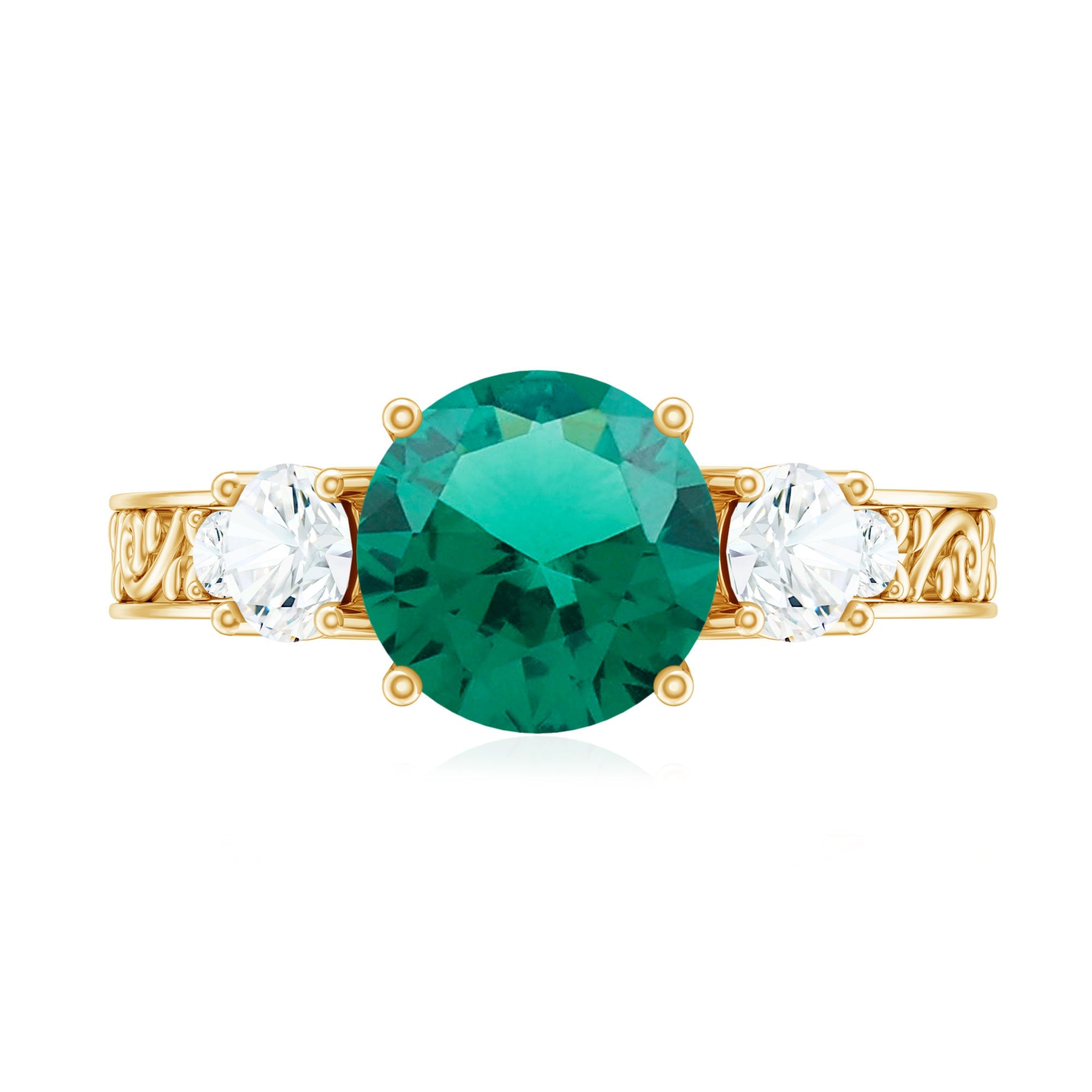 Antique Style Lab Grown Emerald Three Stone Engagement Ring with Moissanite