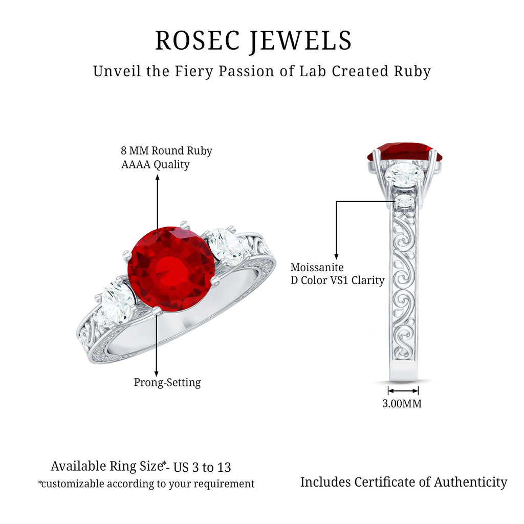 Lab Grown Ruby and Moissanite 3 Stone Engagement Ring With Certificate