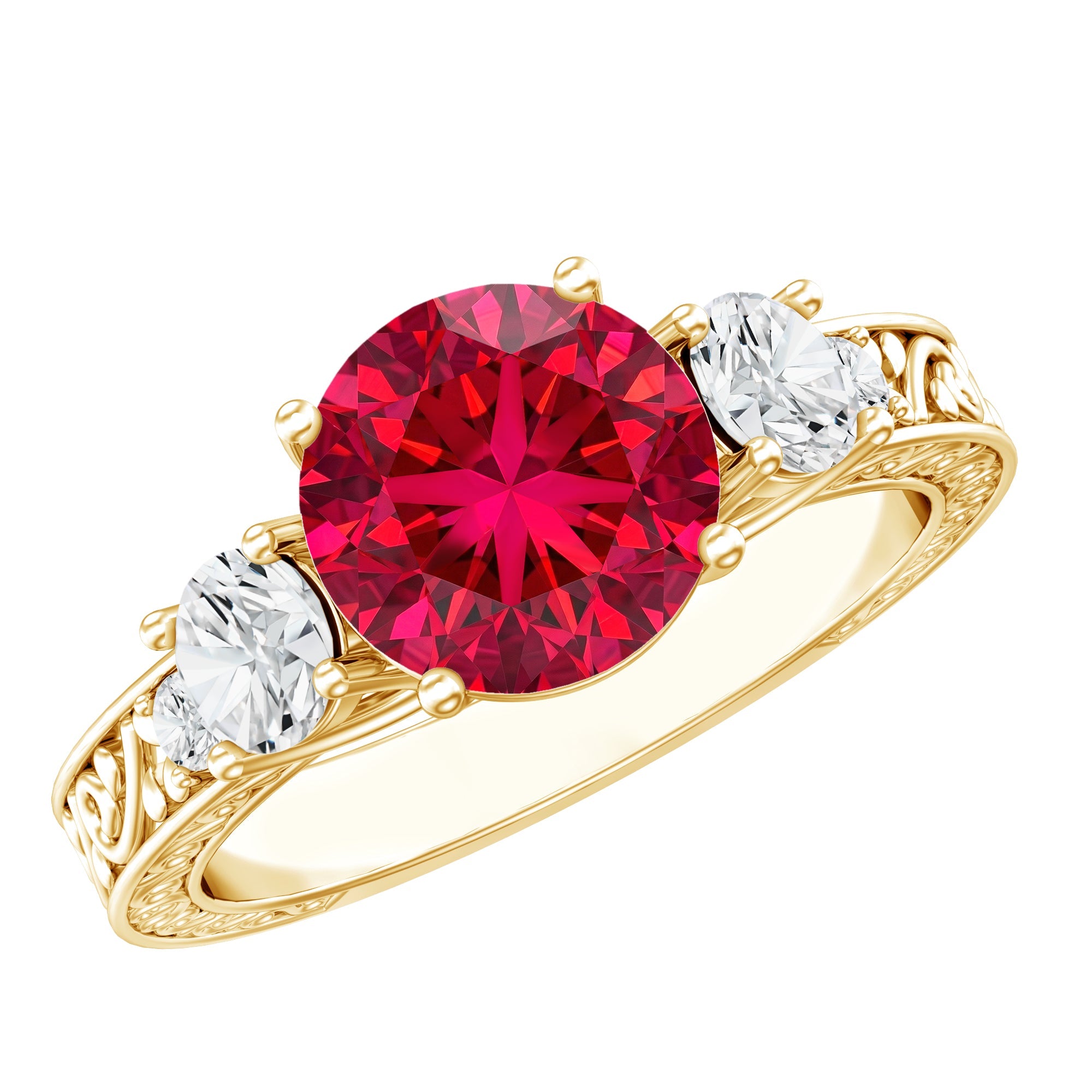 Lab Grown Ruby and Moissanite 3 Stone Engagement Ring With Certificate