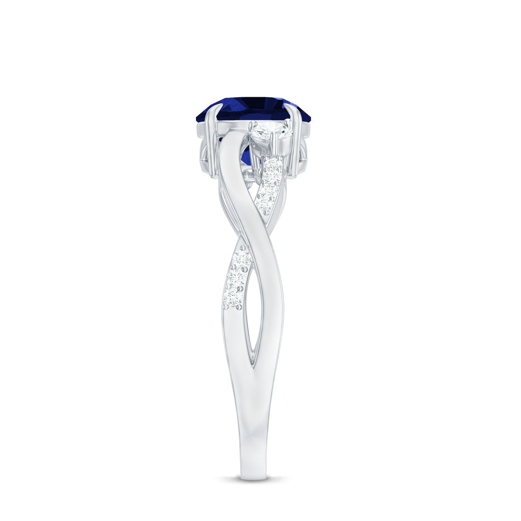 Certified 2.7 Carat Lab Grown Blue Sapphire Engagement Ring with Diamond Crossover Shank