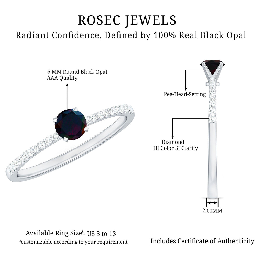 1/2 CT Round Black Opal Solitaire Engagement Ring with Diamond