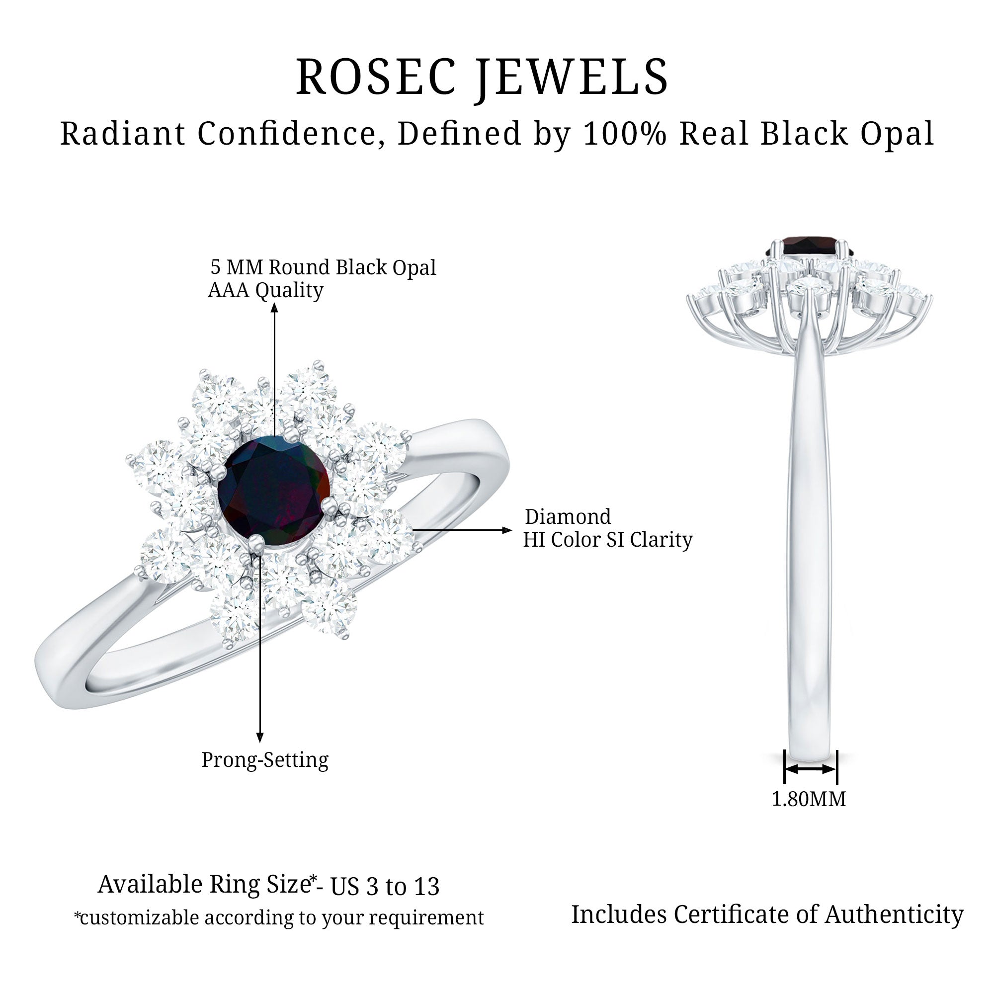 Black Opal and Diamond Flower Cluster Engagement Ring