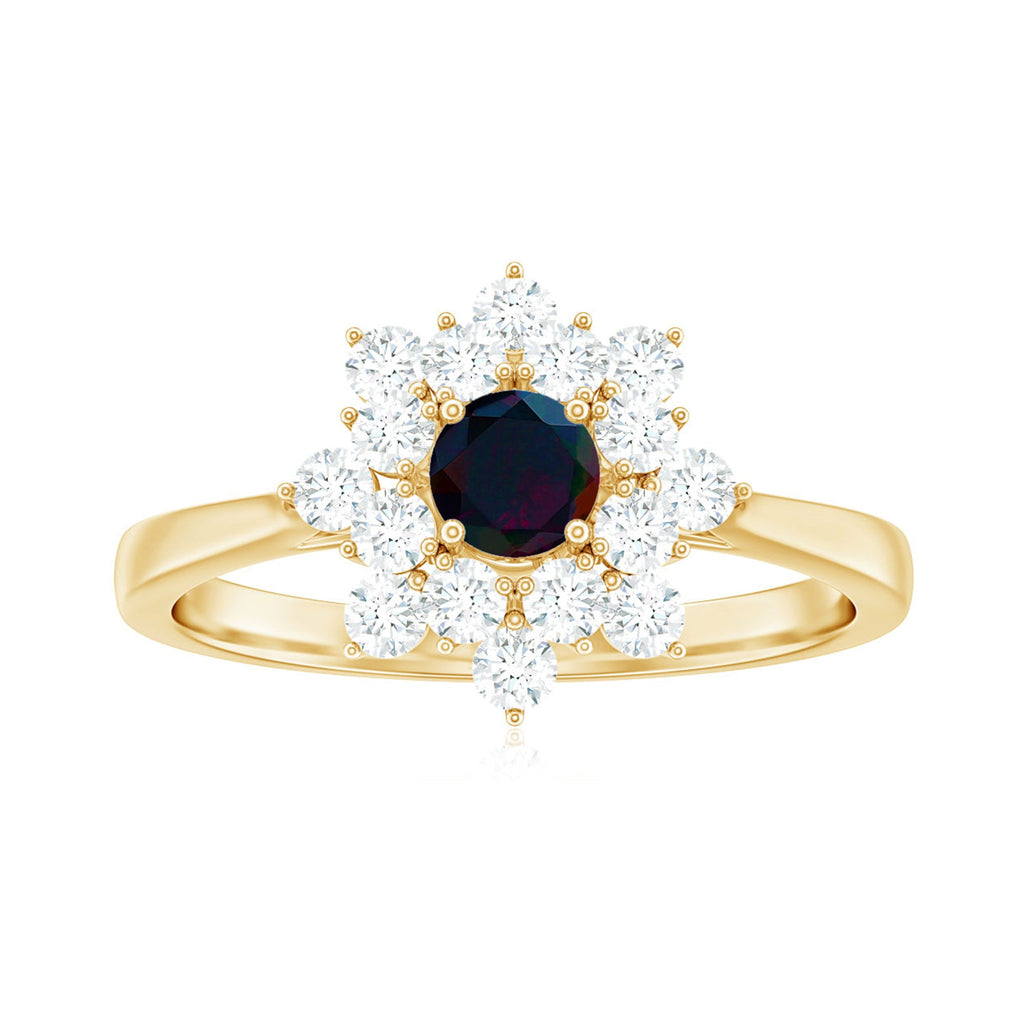 Black Opal and Diamond Flower Cluster Engagement Ring