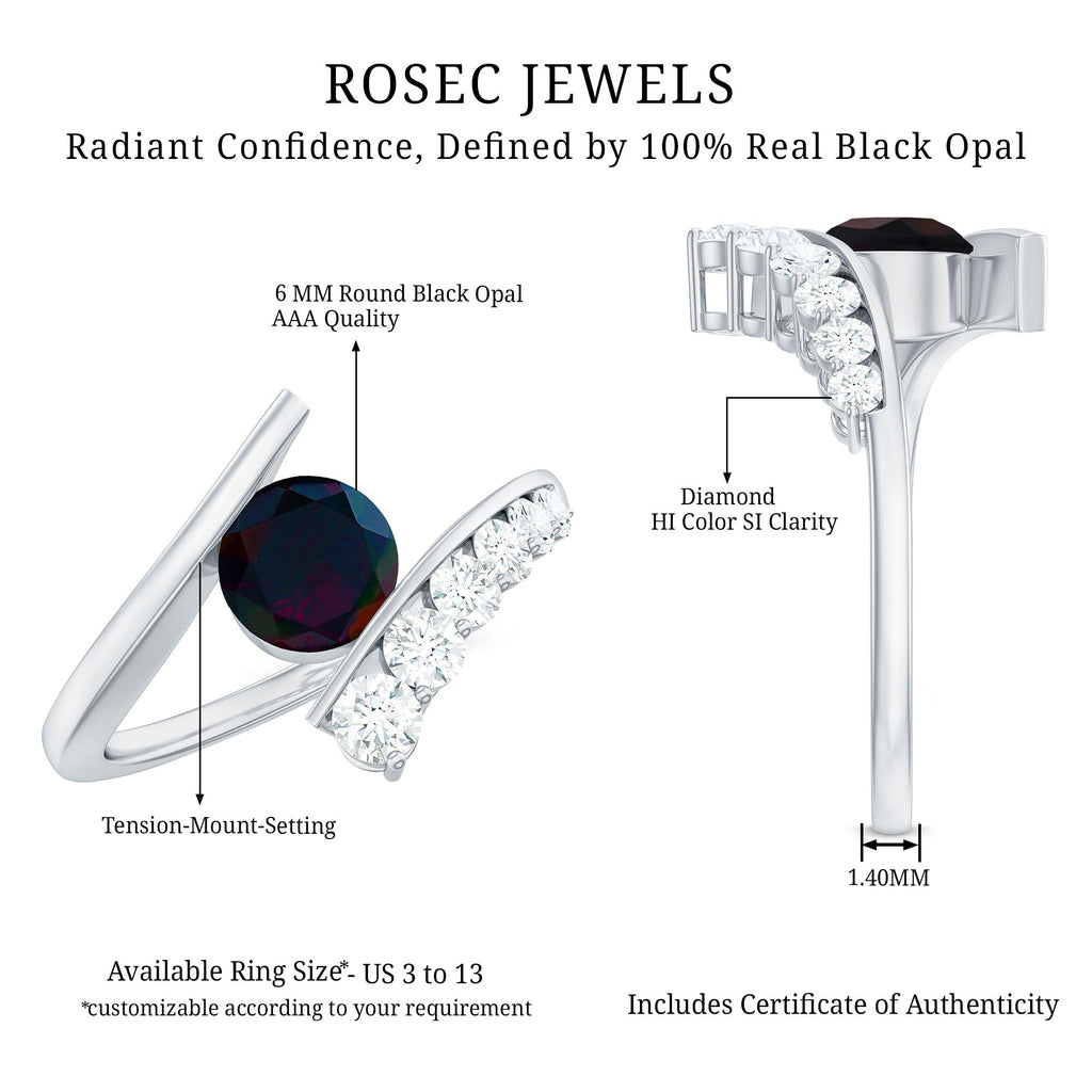 Round Black Opal Solitaire Bypass Ring with Diamond