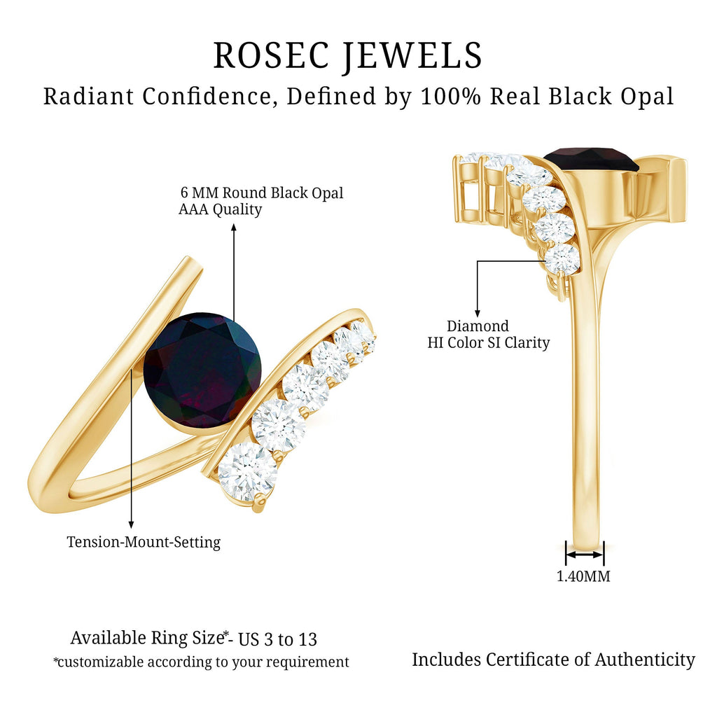 Round Black Opal Solitaire Bypass Ring with Diamond
