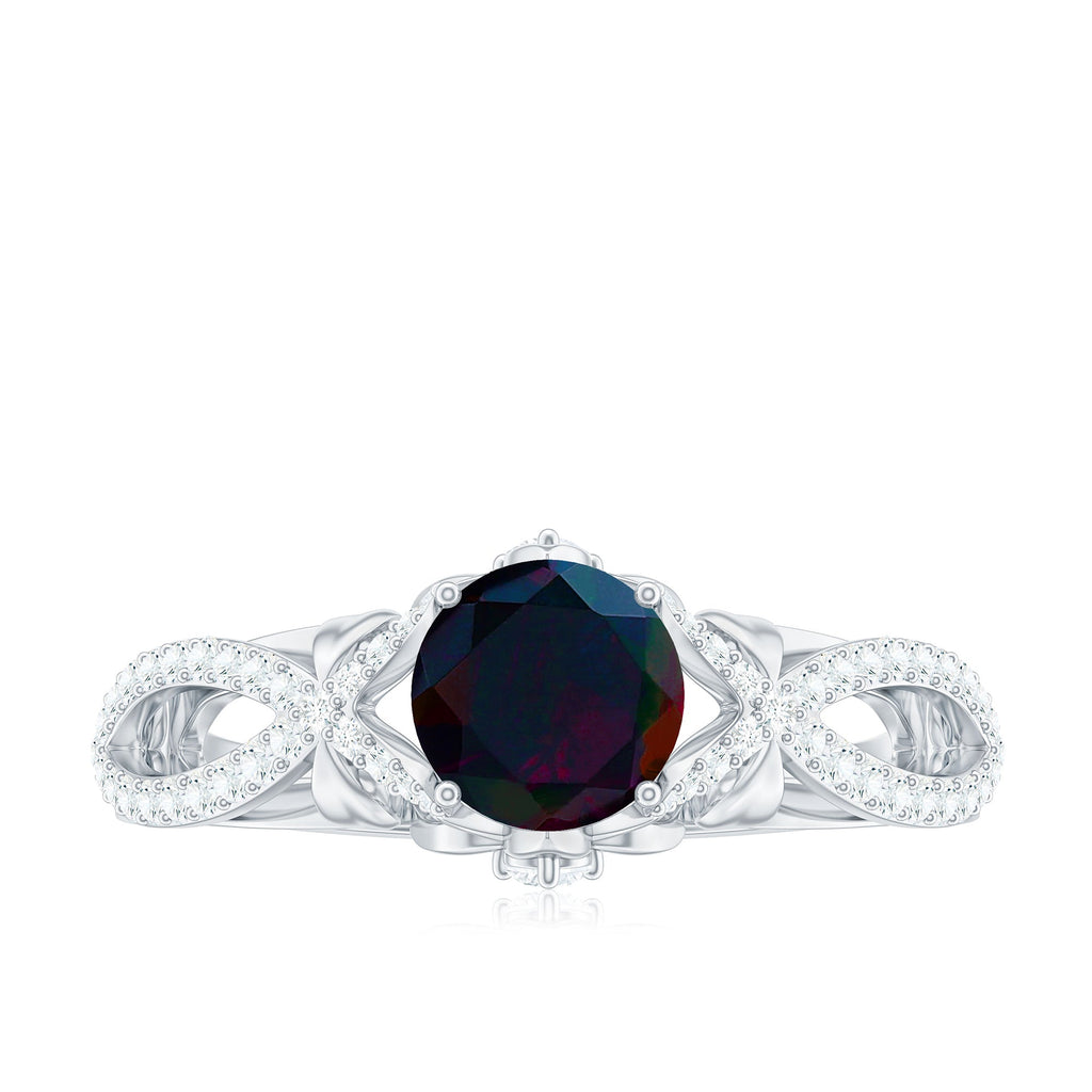 Natural Black Opal Crossover Engagement Ring with Diamond