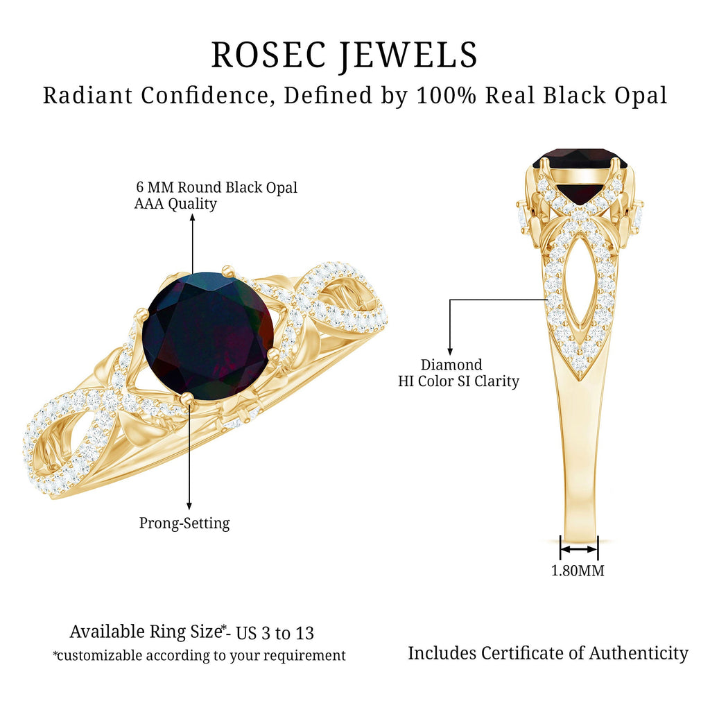 Natural Black Opal Crossover Engagement Ring with Diamond