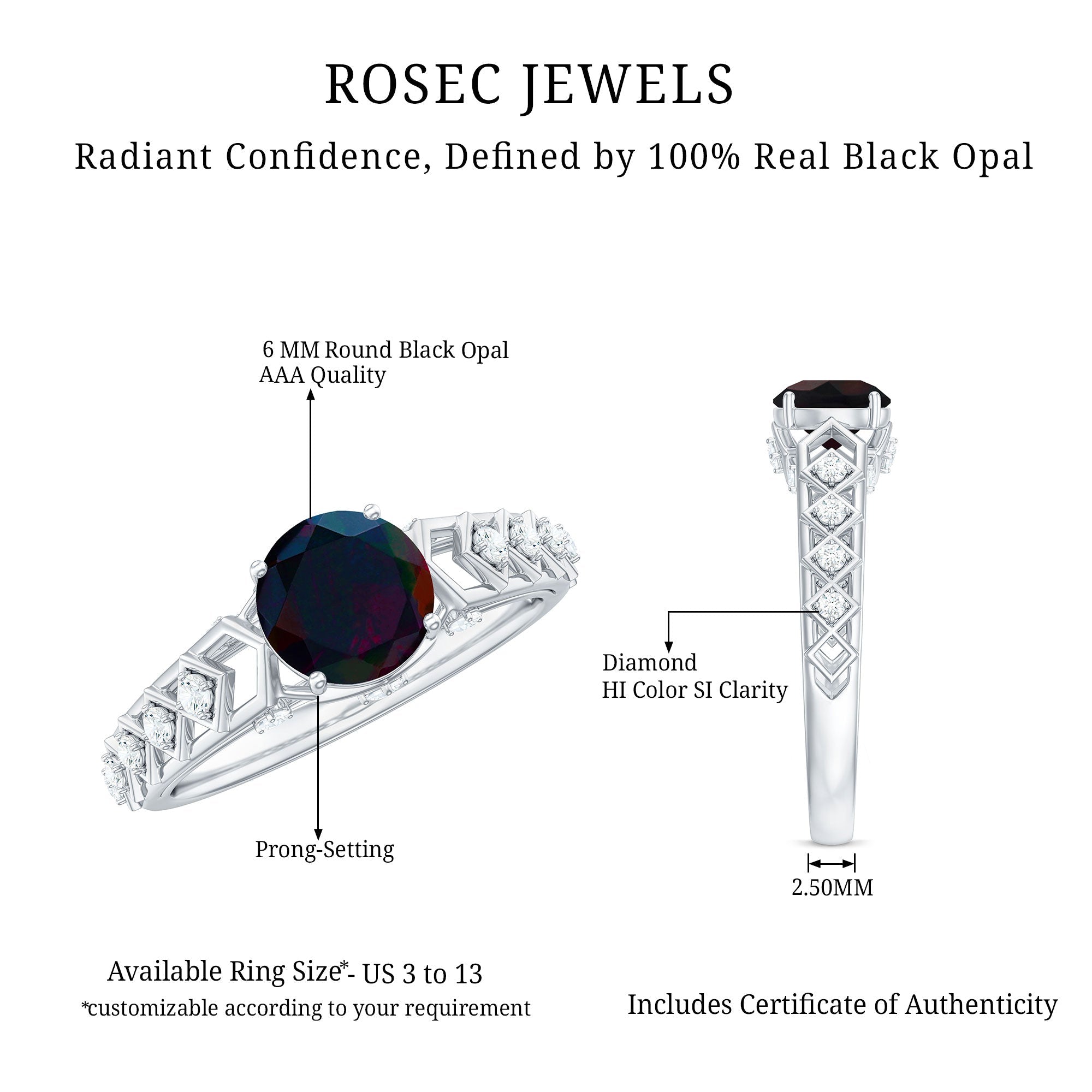 1 CT Round Black Opal Solitaire Art Deco Ring with Diamond