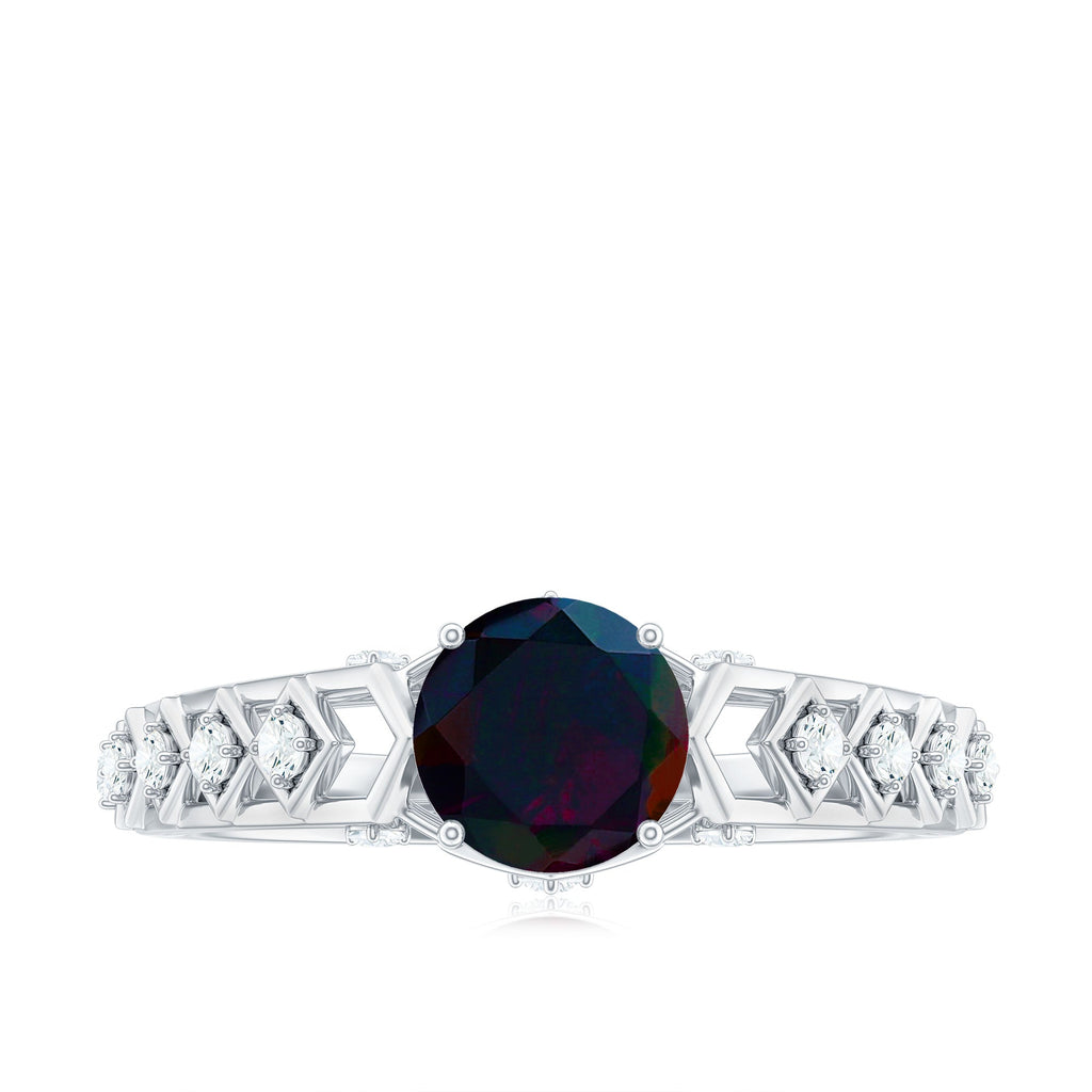 1 CT Round Black Opal Solitaire Art Deco Ring with Diamond