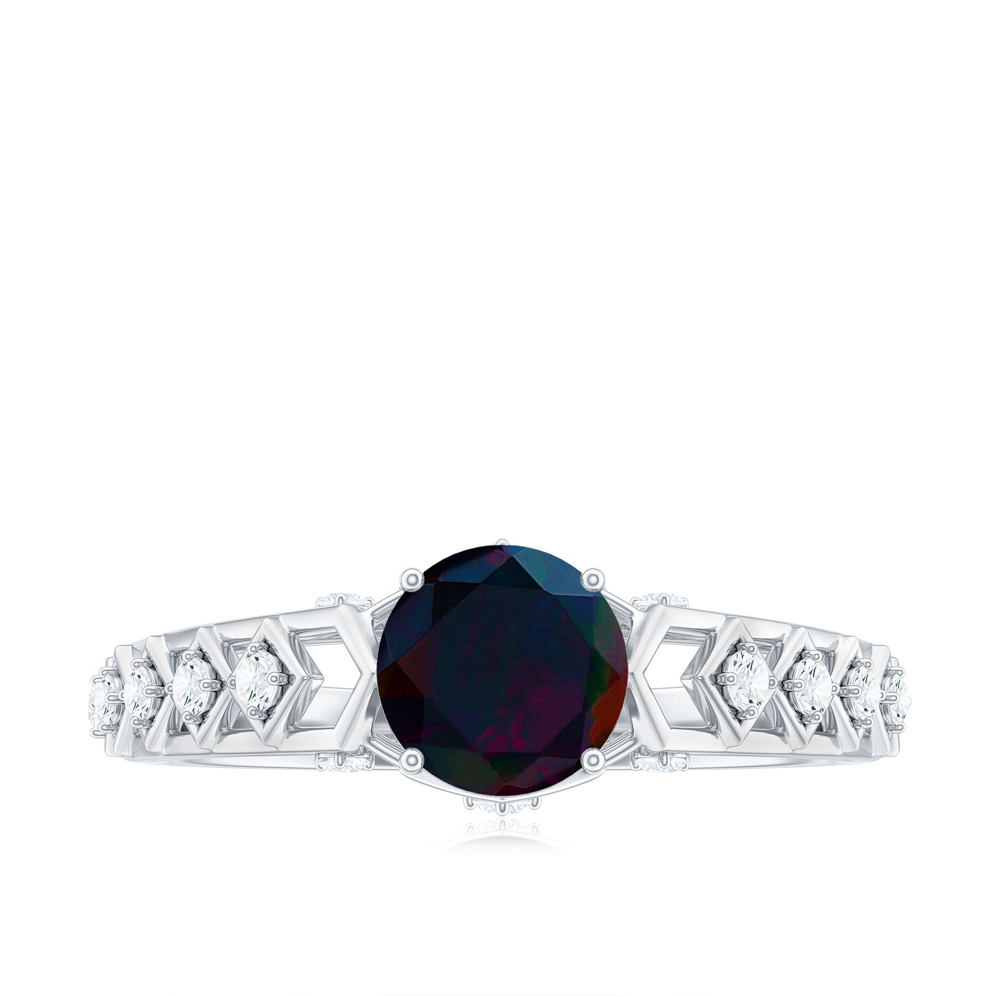 1 CT Round Black Opal Solitaire Art Deco Ring with Diamond