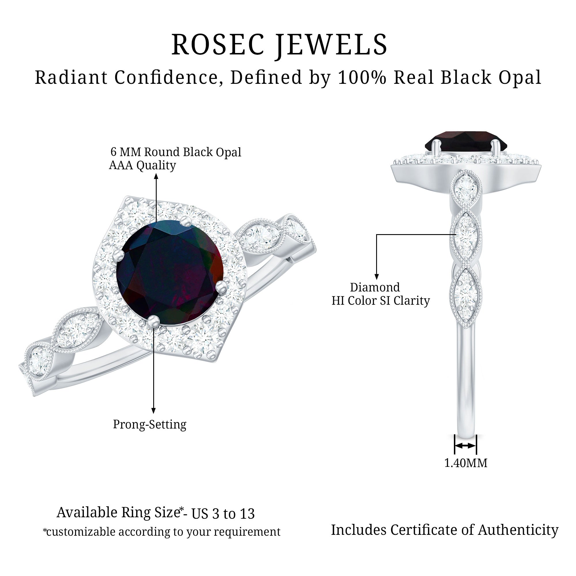 1.5 CT Black Opal Vintage Engagement Ring with Diamond Accent