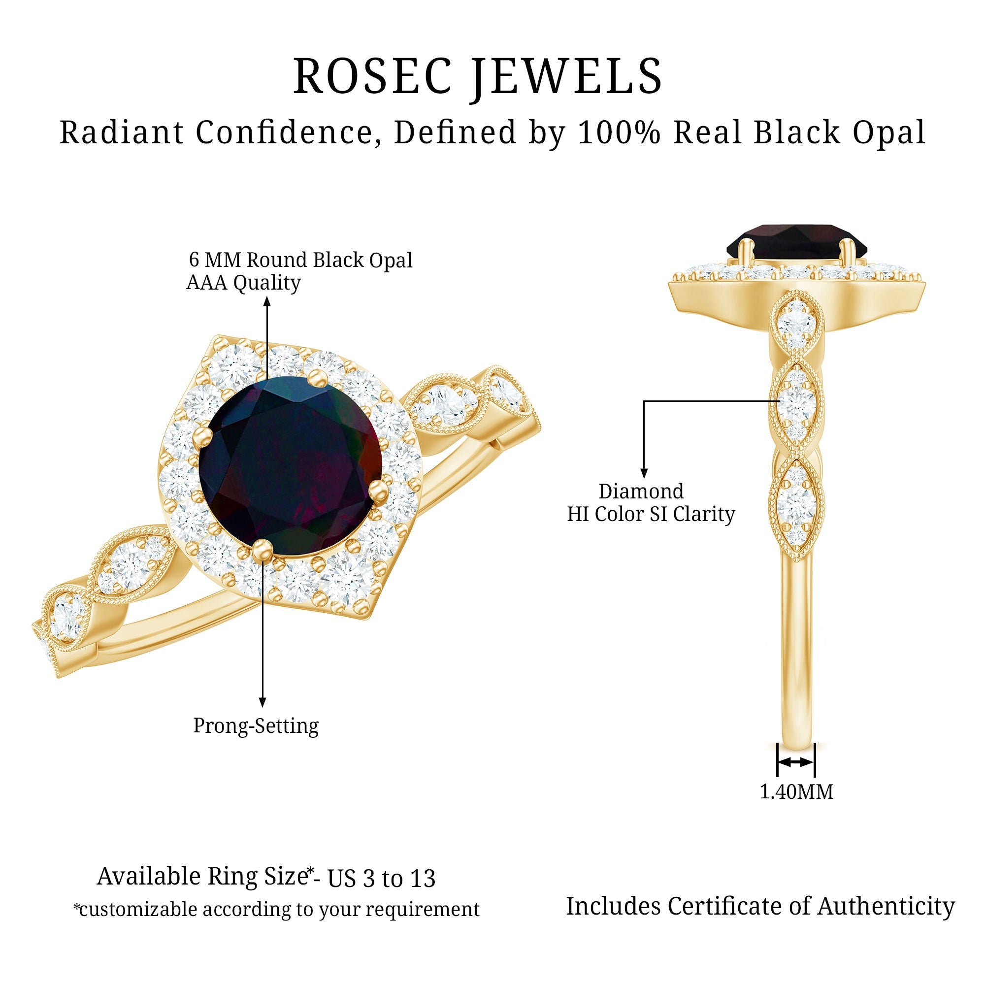 1.5 CT Black Opal Vintage Engagement Ring with Diamond Accent