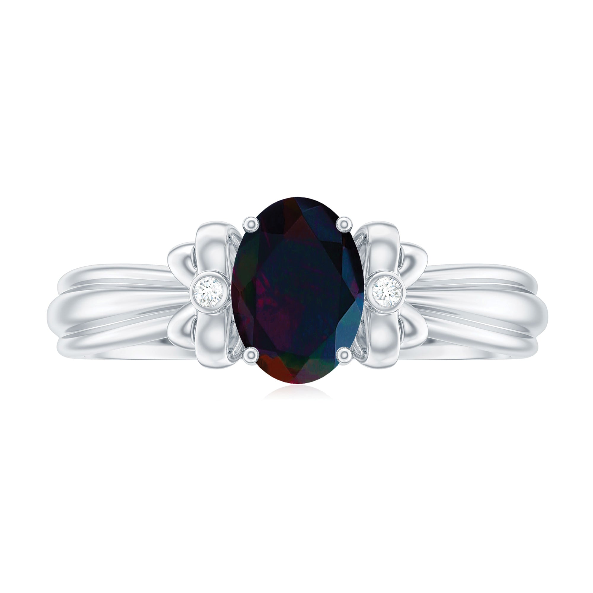 1 CT Oval Black Opal Solitaire Floral Ring with Diamond Accent