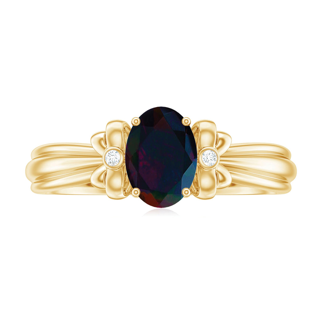 1 CT Oval Black Opal Solitaire Floral Ring with Diamond Accent