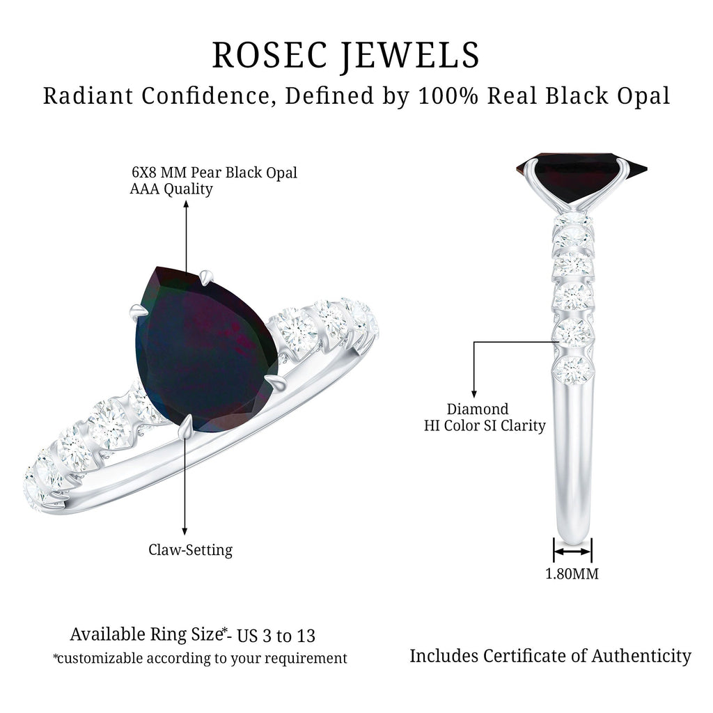 Pear Shape Black Opal Solitaire Engagement Ring with Diamond