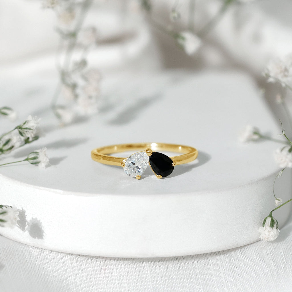 Lab Created Black and White Diamond 2 Stone Ring