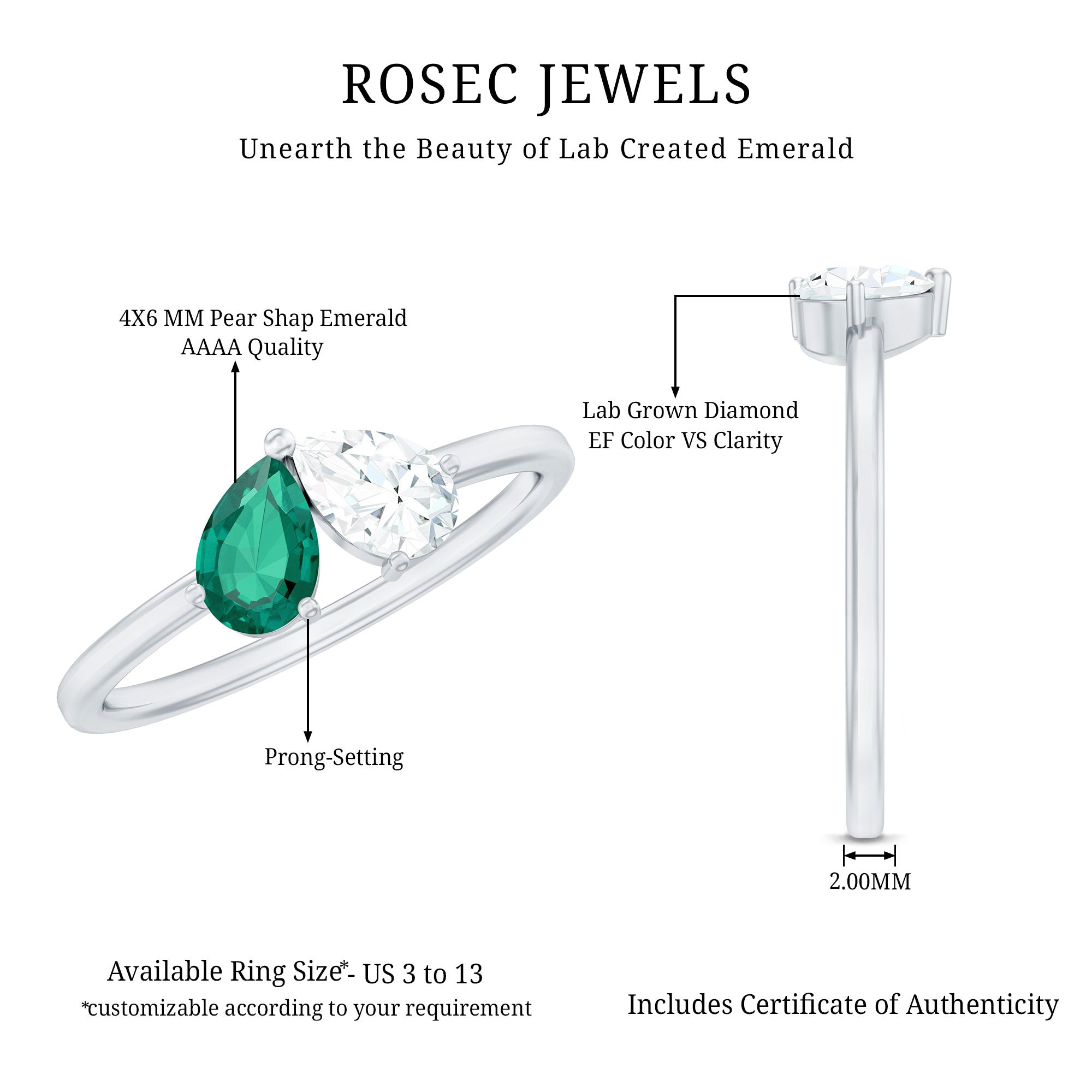 Certified Pear Shape Lab Grown Emerald Toi Et Moi Ring with Diamond
