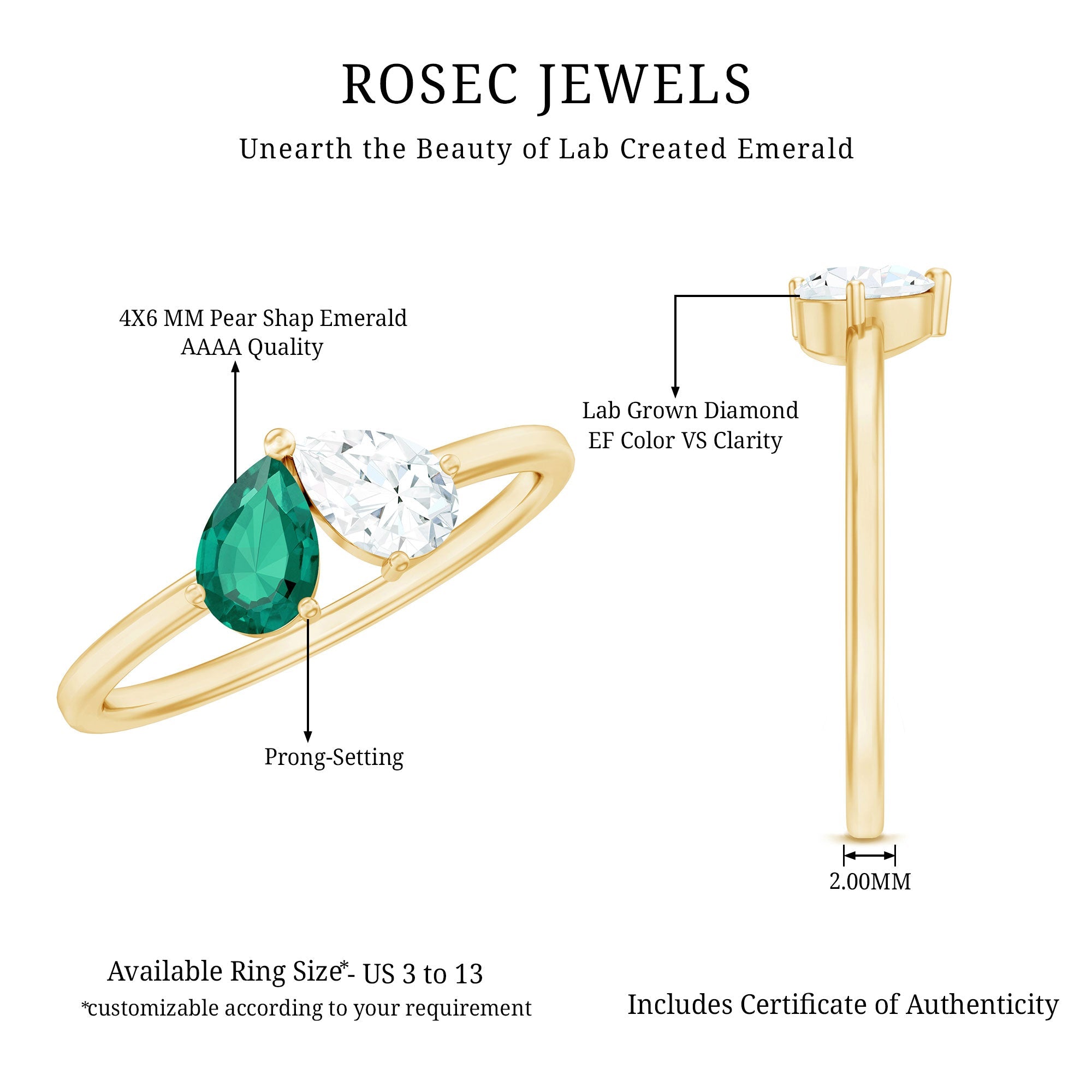 Certified Pear Shape Lab Grown Emerald Toi Et Moi Ring with Diamond