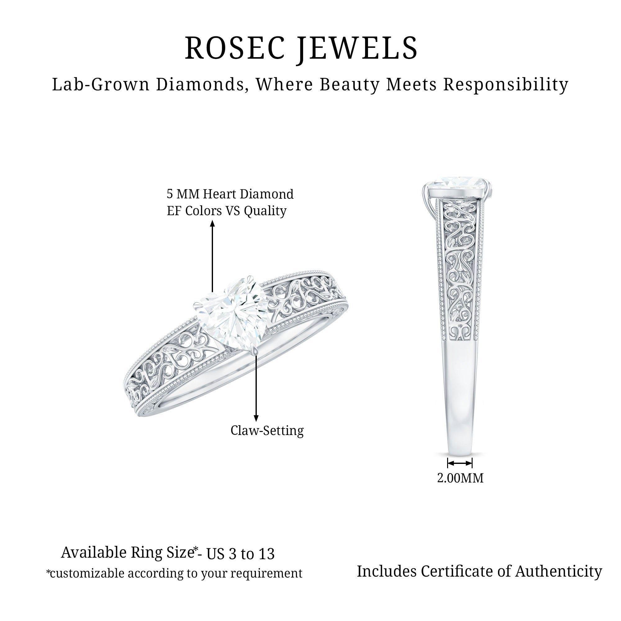 Vintage Inspired Heart Shape Lab Grown Diamond Solitaire Filigree Ring