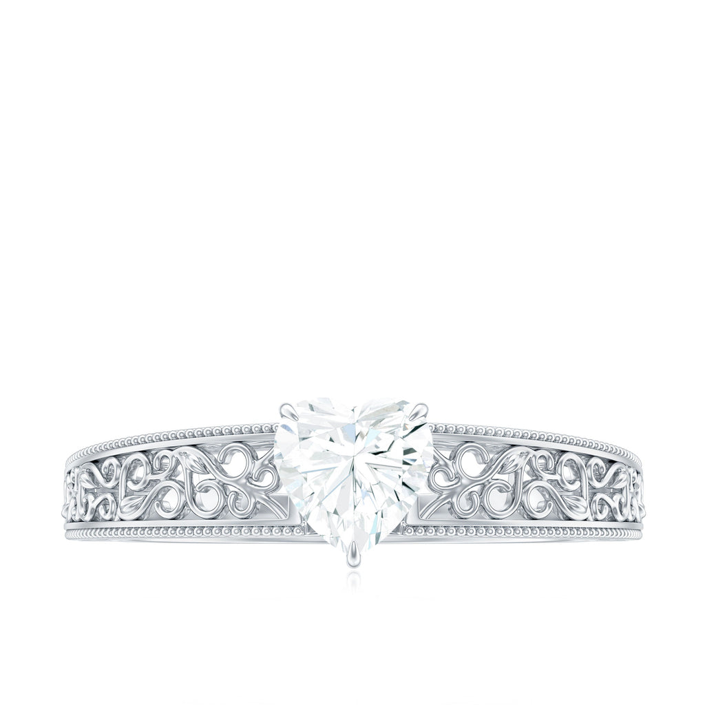 Vintage Inspired Heart Shape Lab Grown Diamond Solitaire Filigree Ring