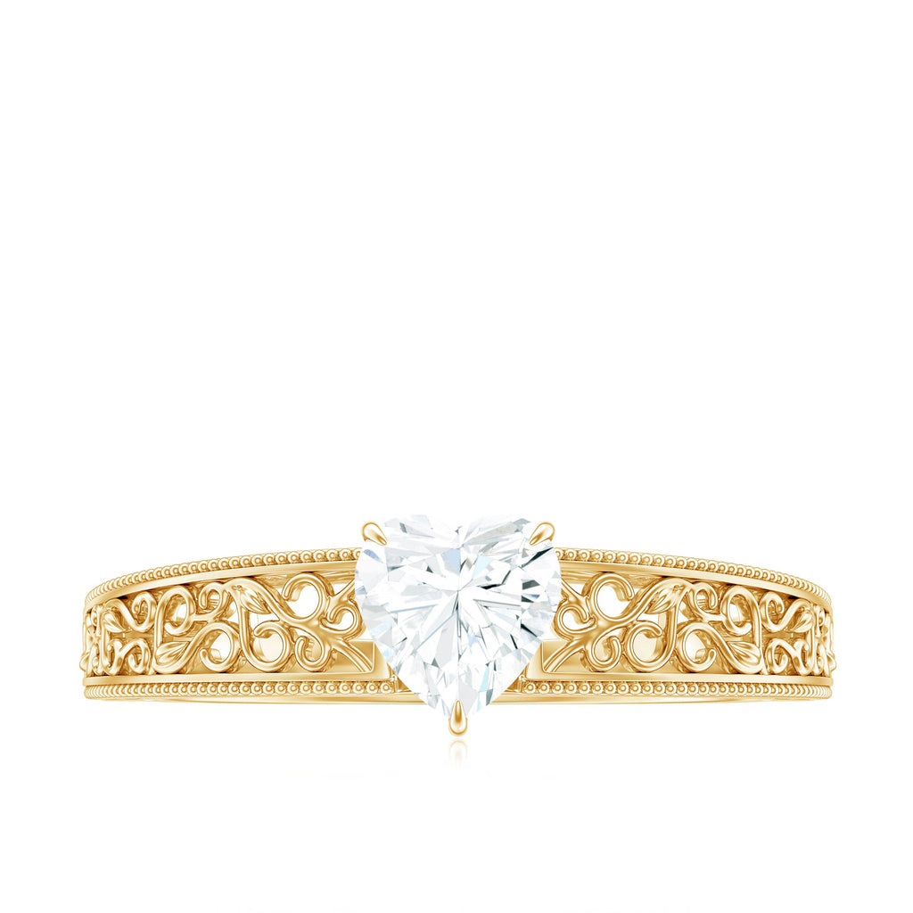 Vintage Inspired Heart Shape Lab Grown Diamond Solitaire Filigree Ring