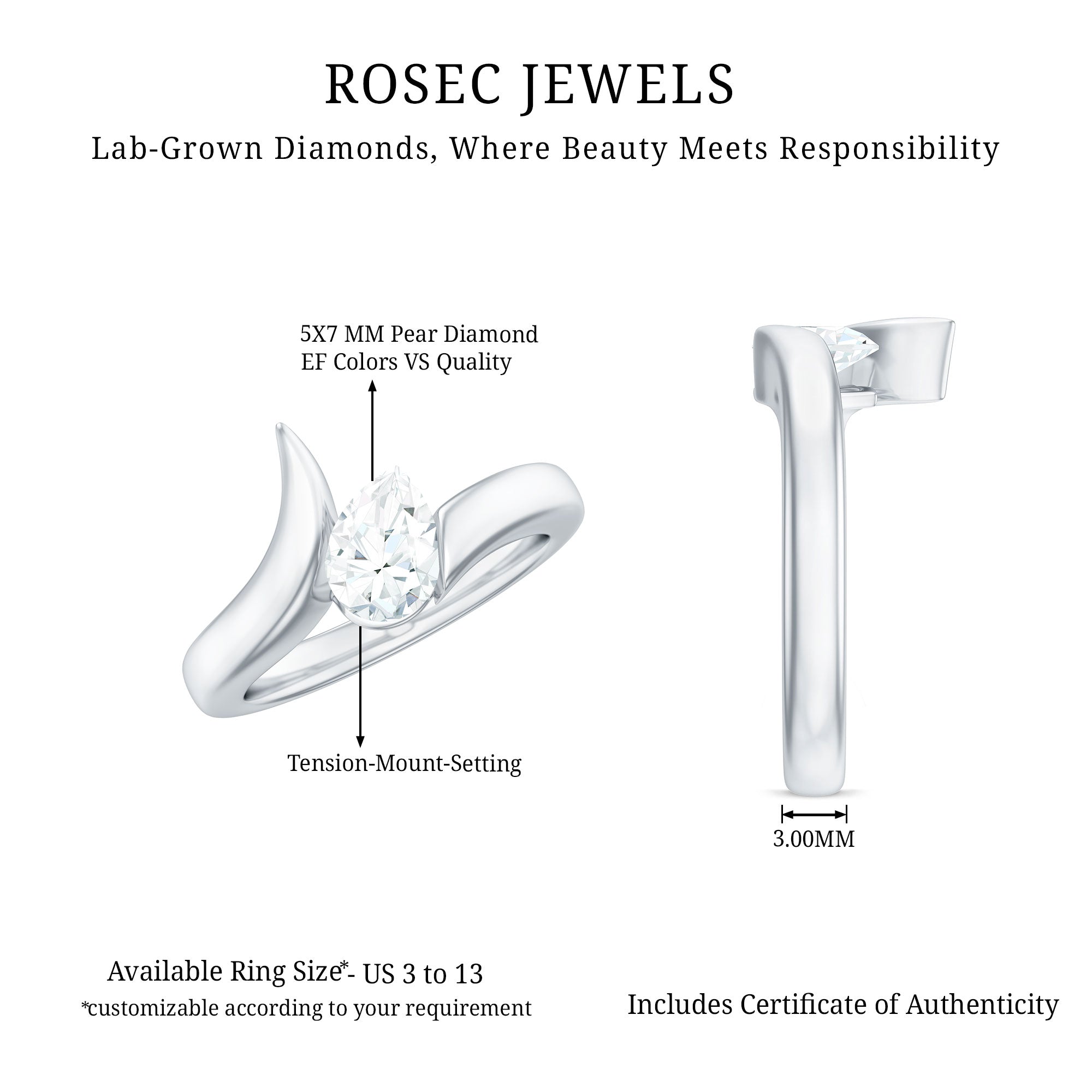Pear Shape Lab Grown Diamond Solitaire Bypass Ring