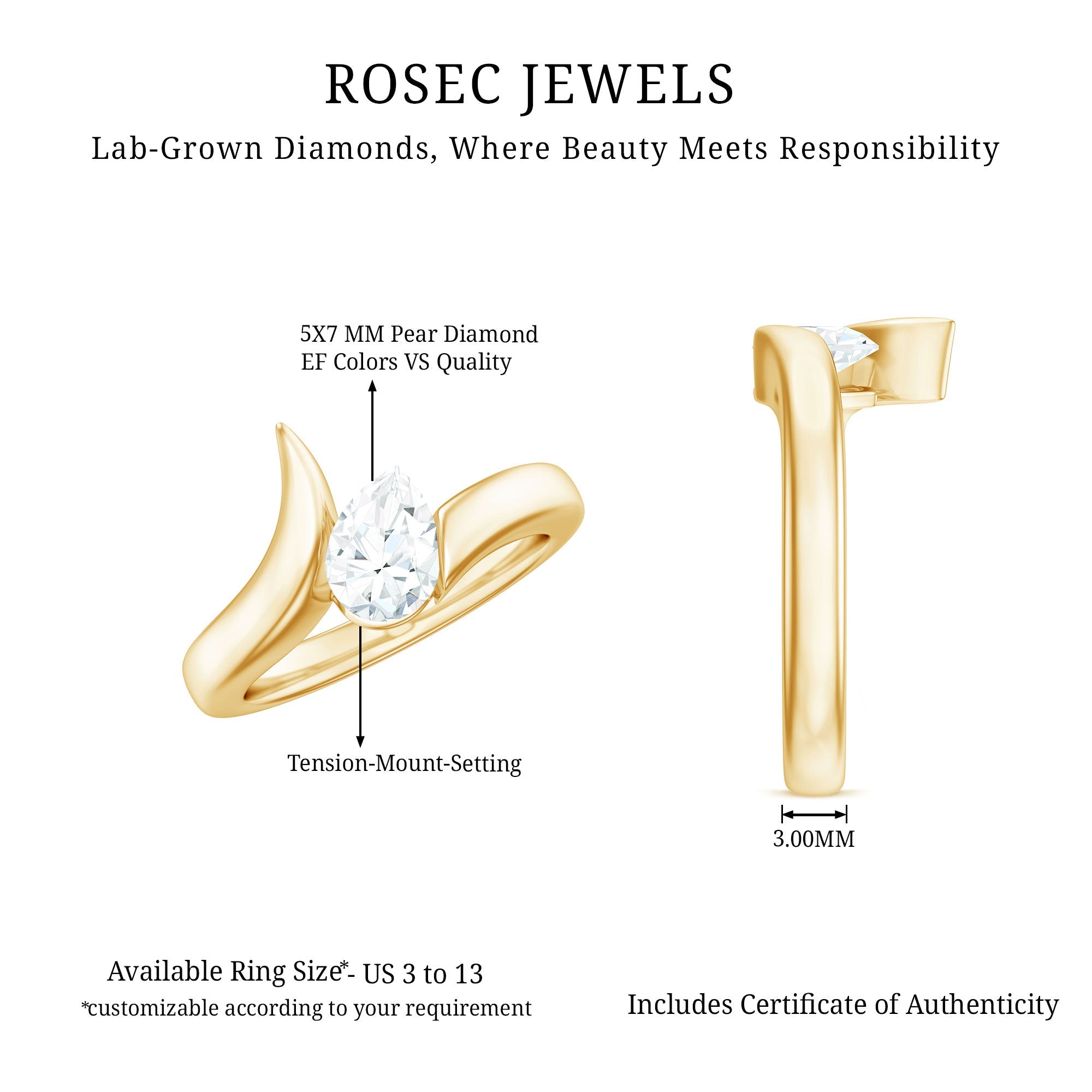 Pear Shape Lab Grown Diamond Solitaire Bypass Ring