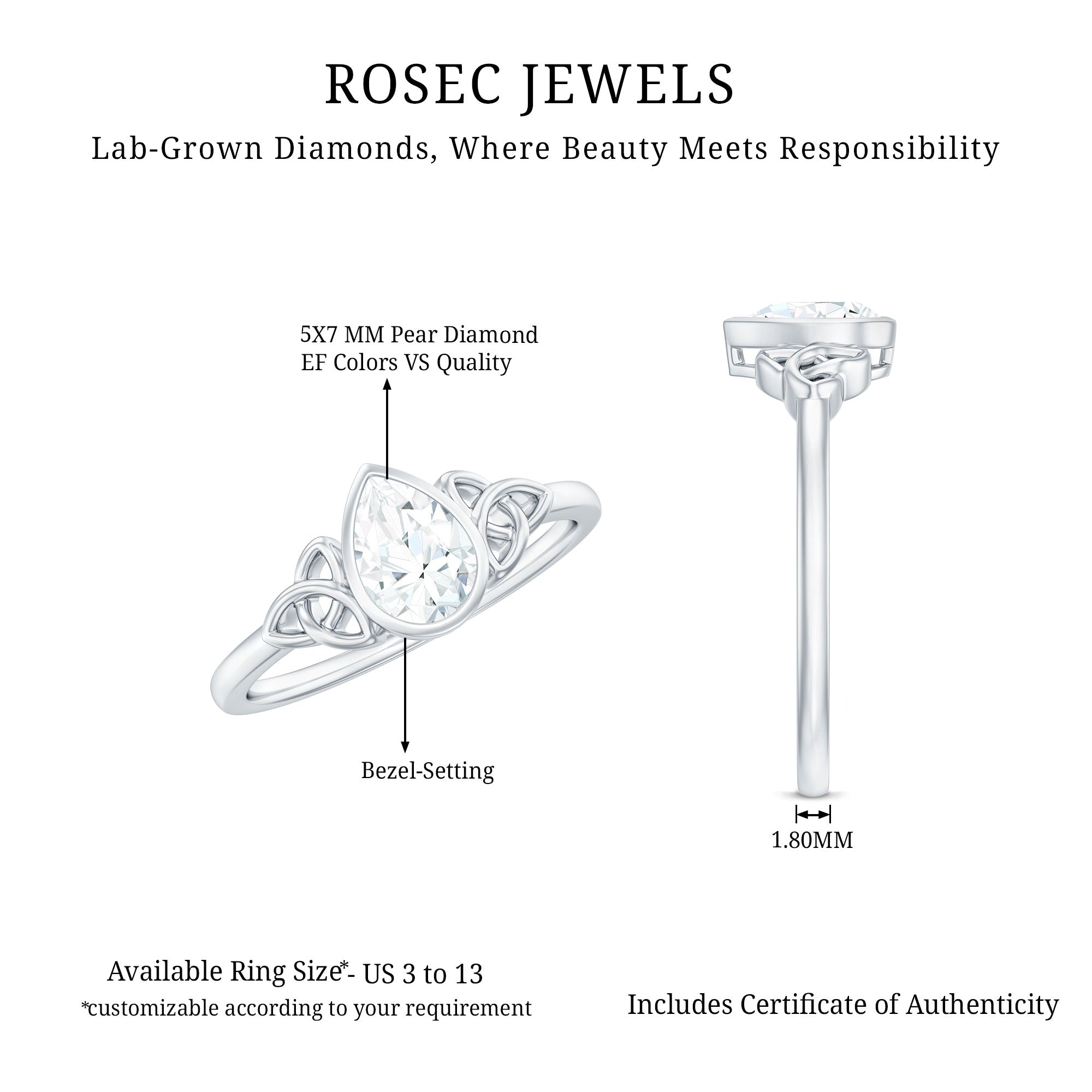 Pear Shape Lab Grown Diamond Solitaire Celtic Ring