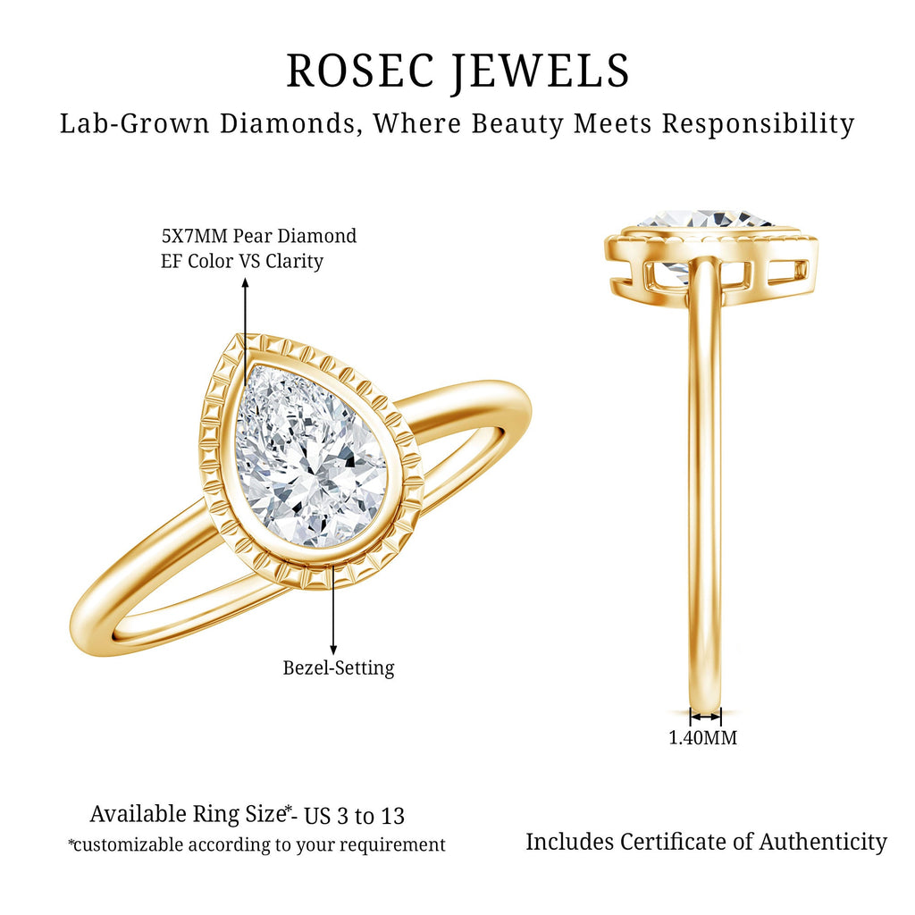 Pear Cut Lab Grown Diamond Solitaire Ring with Engraved Details