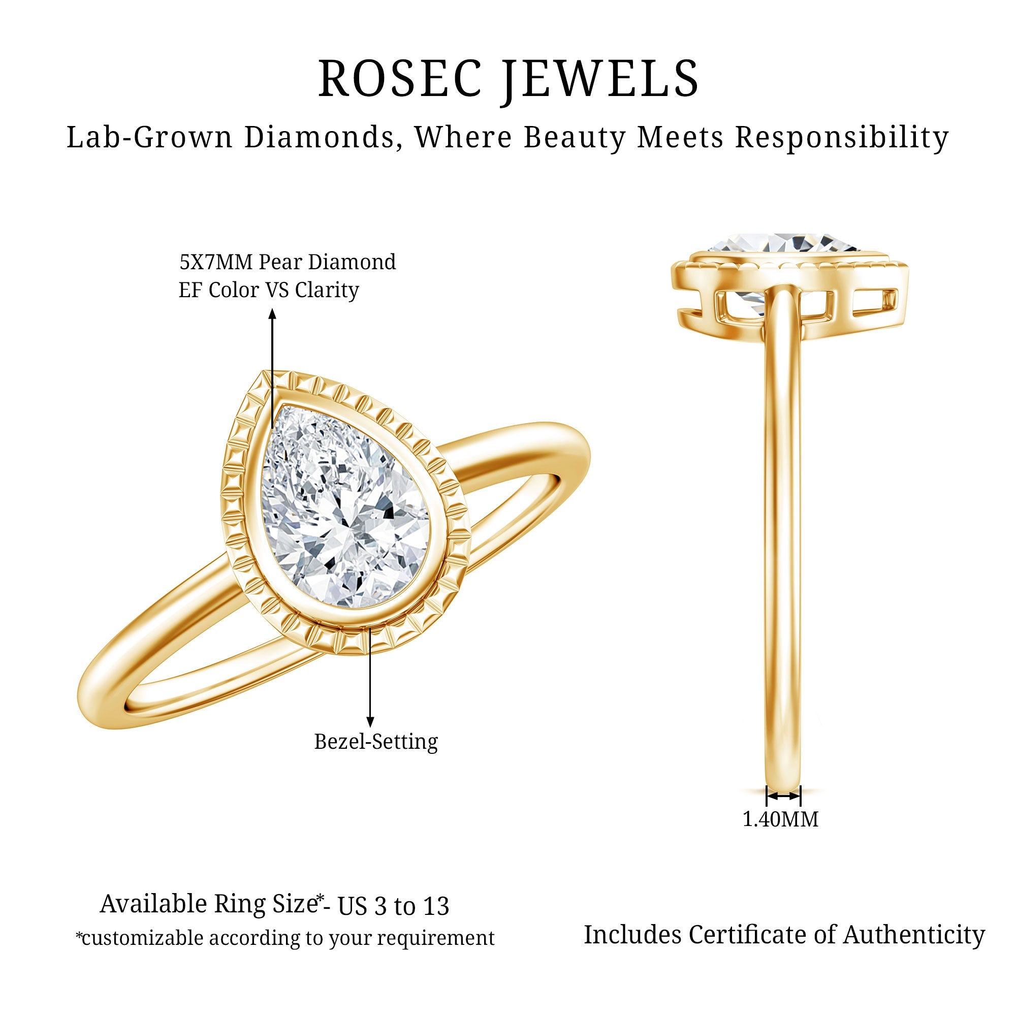 Pear Cut Lab Grown Diamond Solitaire Ring with Engraved Details