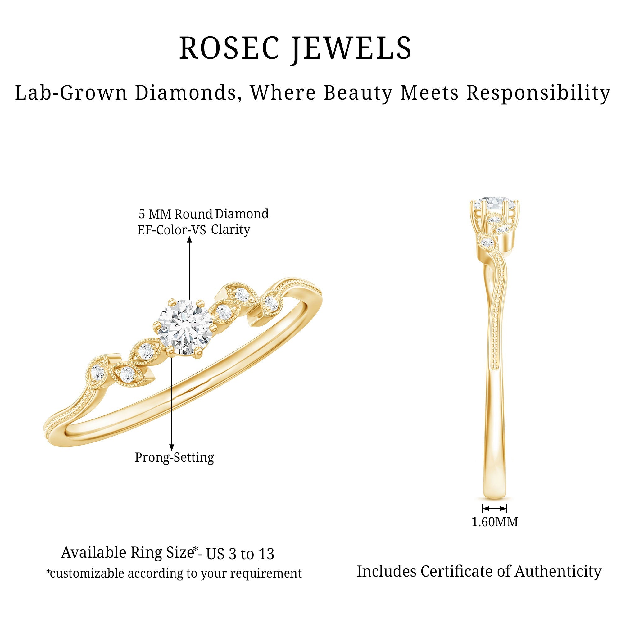 Minimal Lab Grown Diamond Leaf Ring with Beaded Detailing
