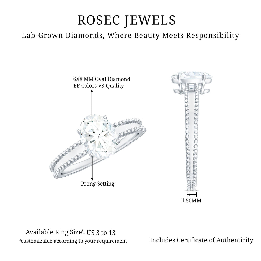 Oval Shaped Lab Grown Diamond Solitaire Ring with Beaded Detailing