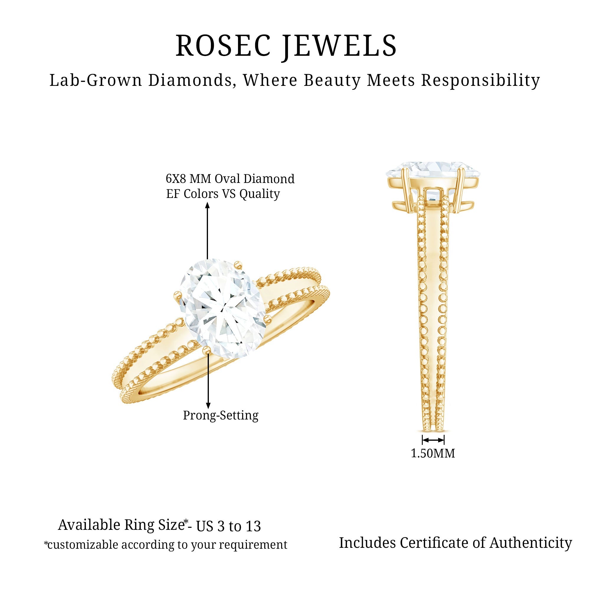 Oval Shaped Lab Grown Diamond Solitaire Ring with Beaded Detailing