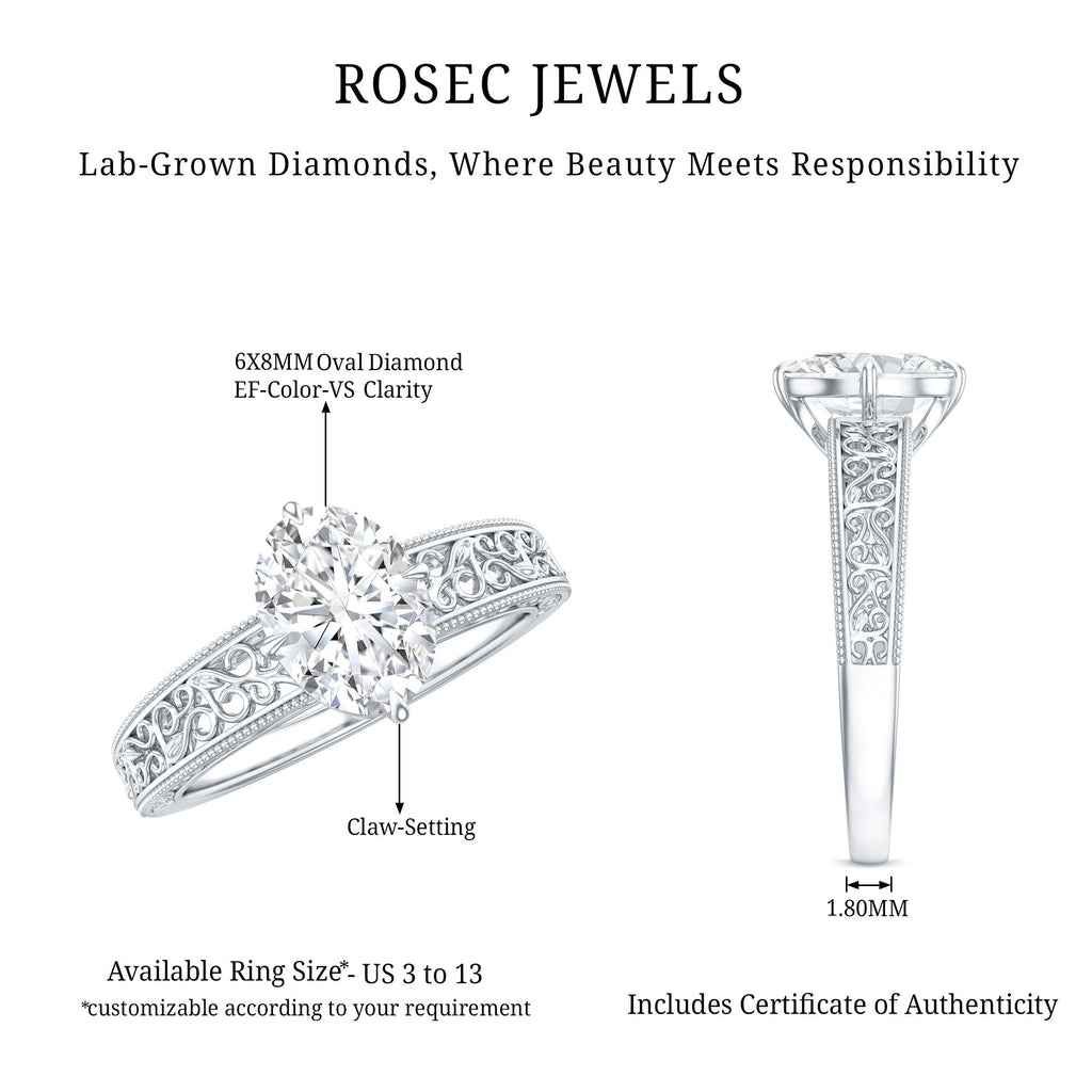 Oval Shape 6X8MM Lab Grown Diamond Filigree Engagement Ring