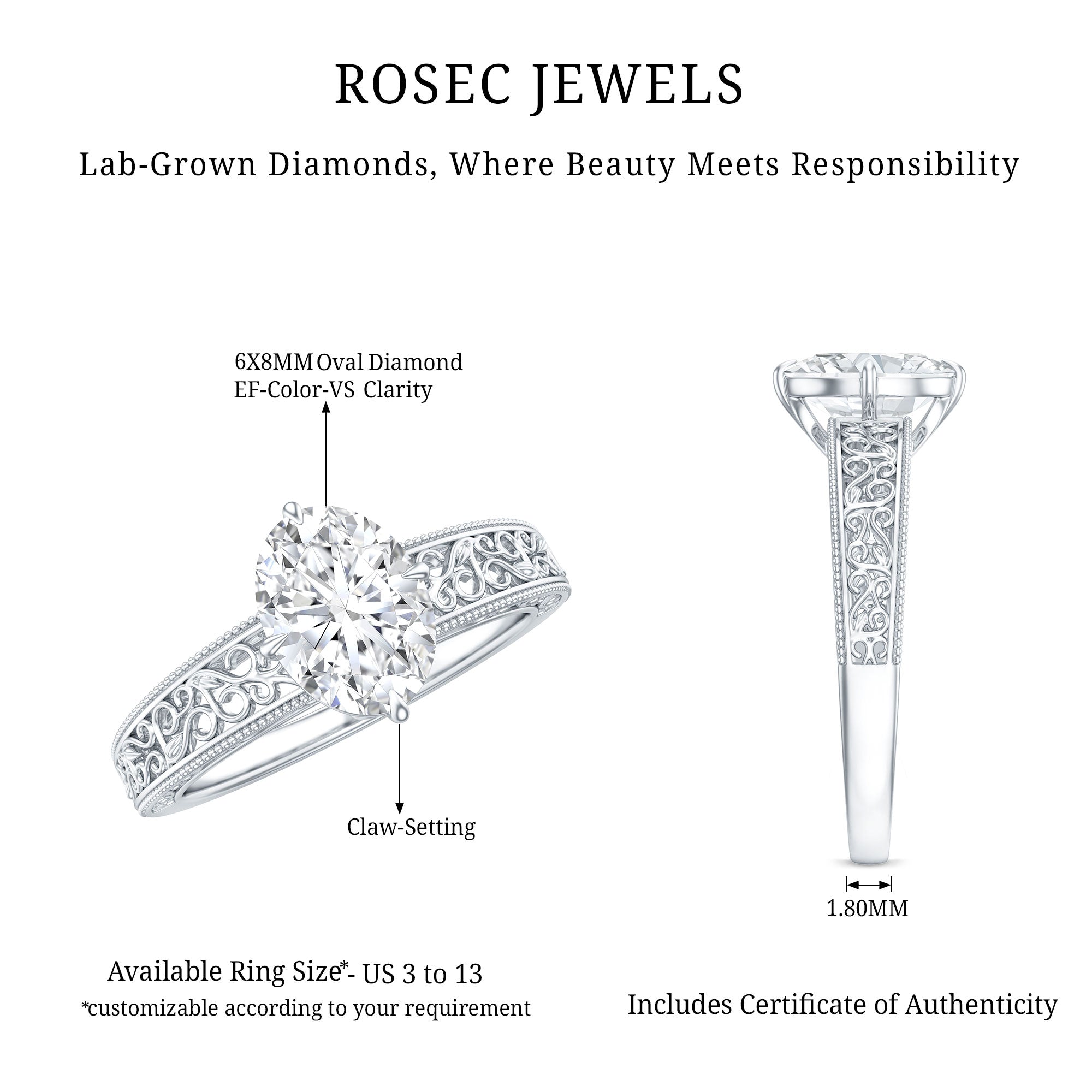 Oval Shape 6X8MM Lab Grown Diamond Filigree Engagement Ring