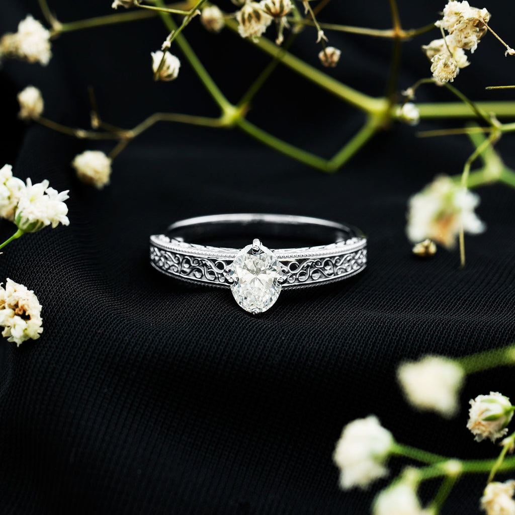 Oval Shape 6X8MM Lab Grown Diamond Filigree Engagement Ring