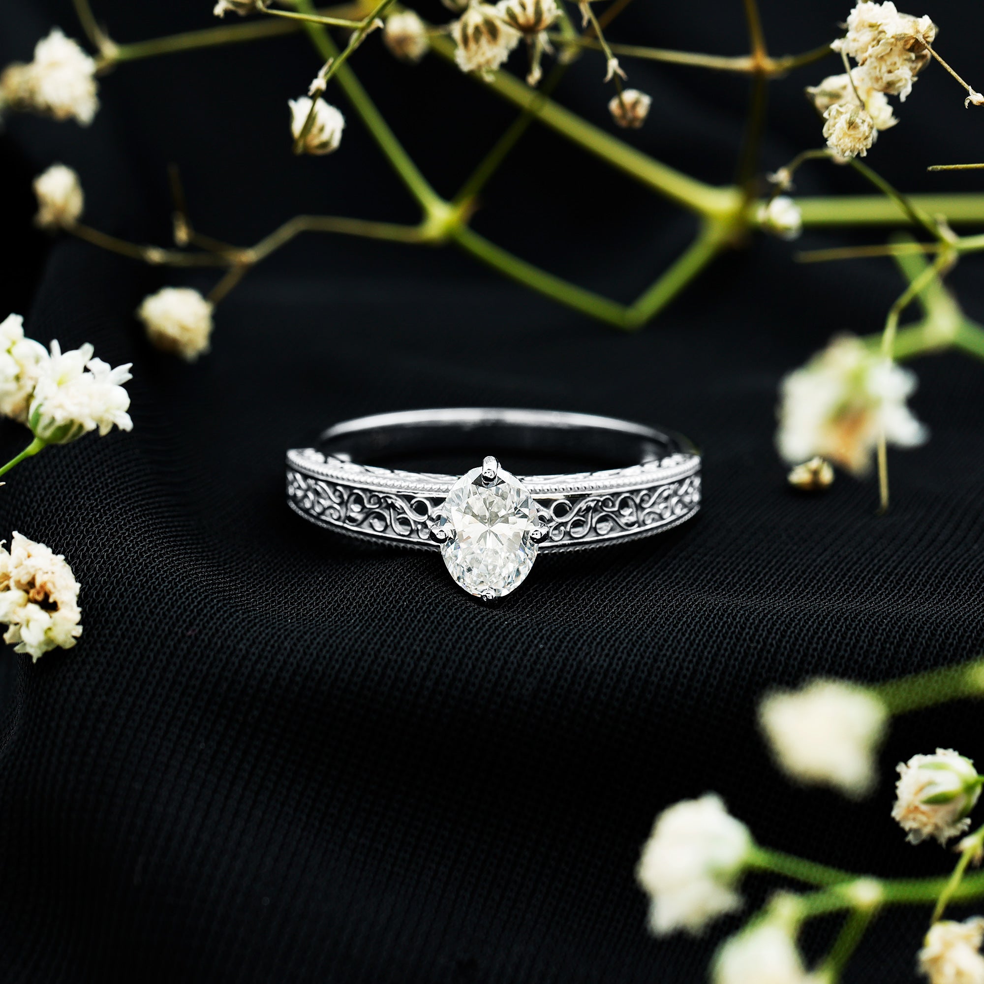 Oval Shape 6X8MM Lab Grown Diamond Filigree Engagement Ring