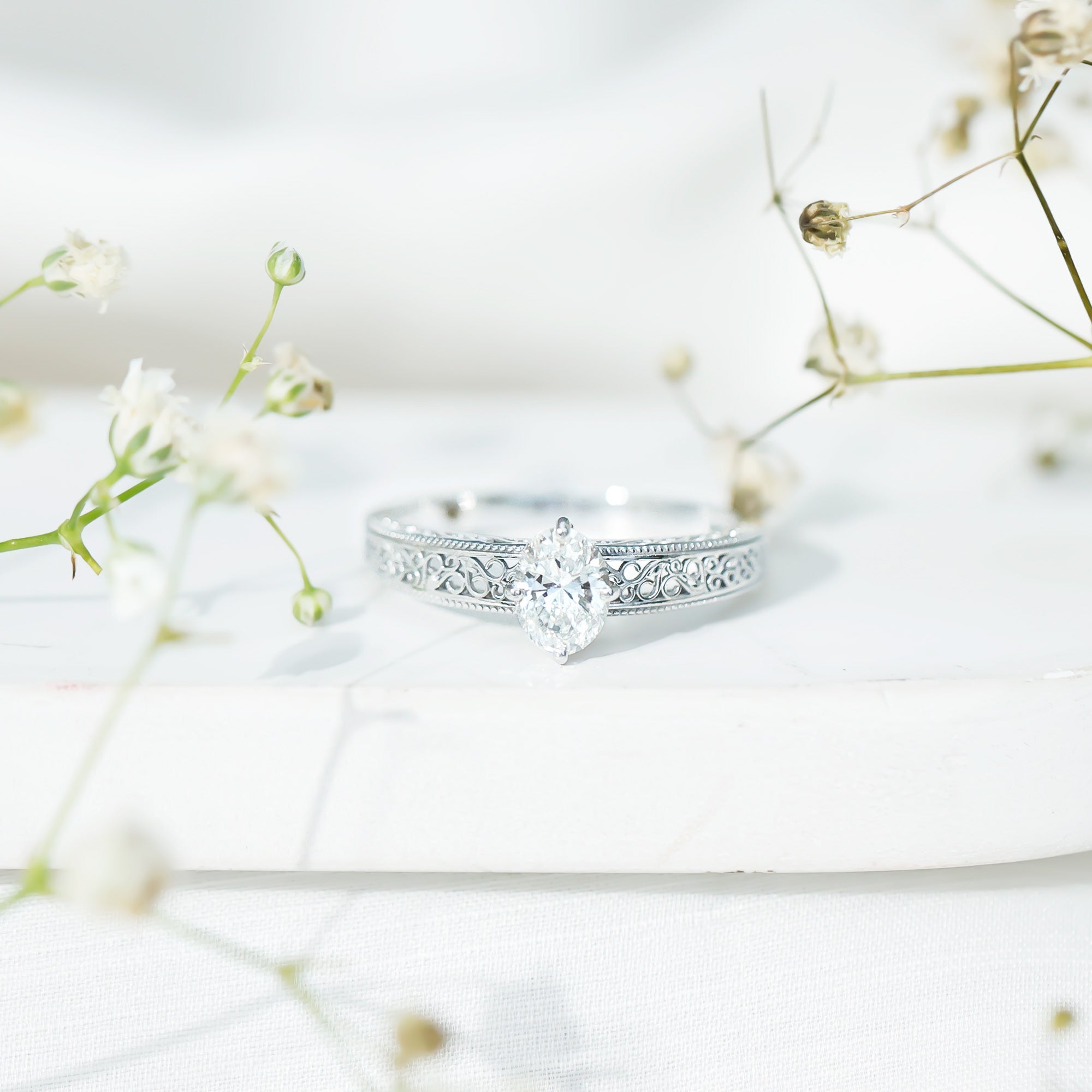 Oval Shape 6X8MM Lab Grown Diamond Filigree Engagement Ring