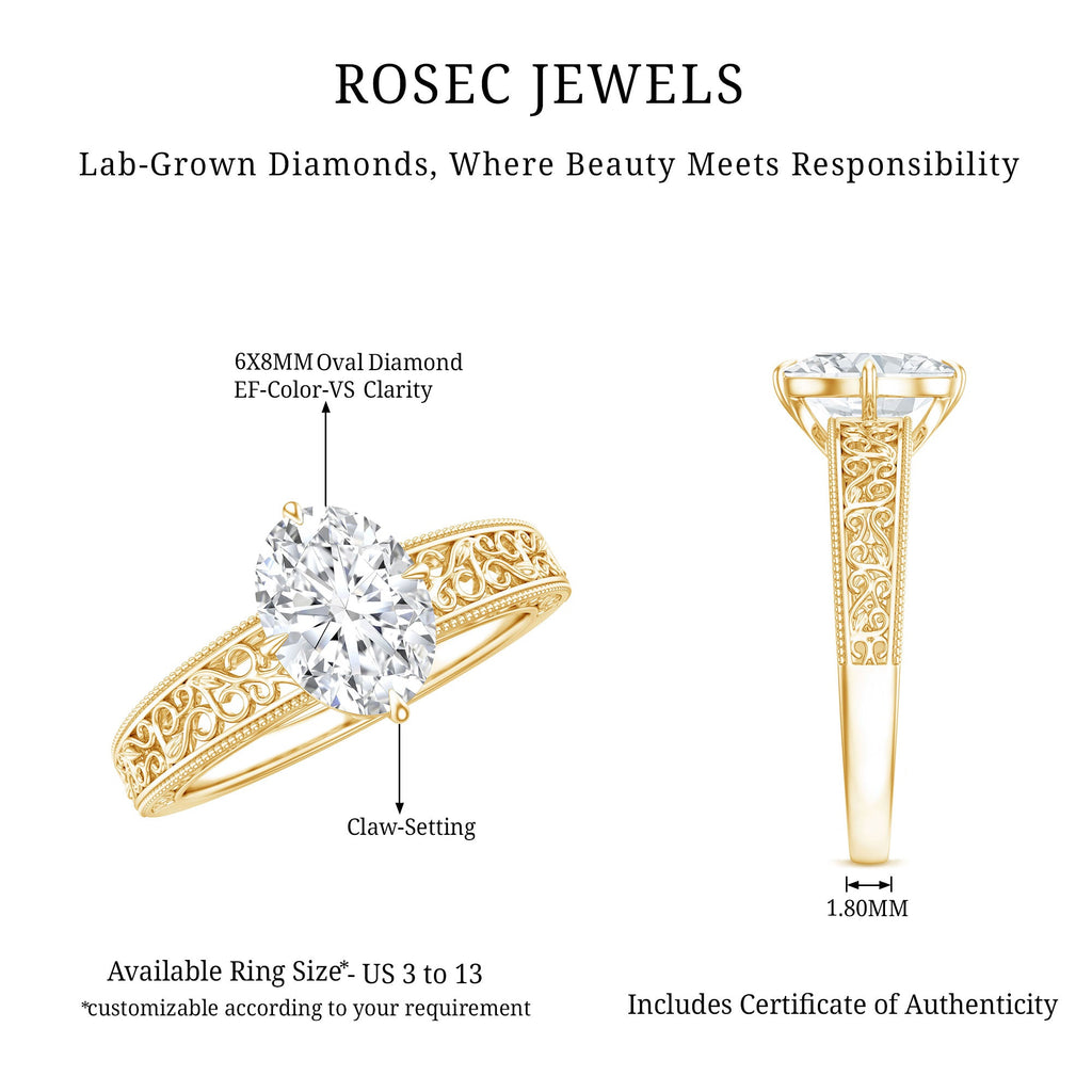 Oval Shape 6X8MM Lab Grown Diamond Filigree Engagement Ring