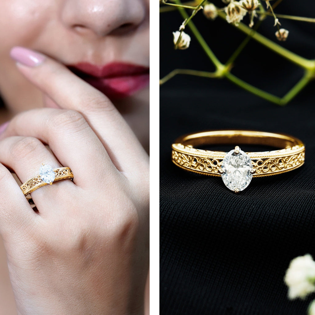 Oval Shape 6X8MM Lab Grown Diamond Filigree Engagement Ring