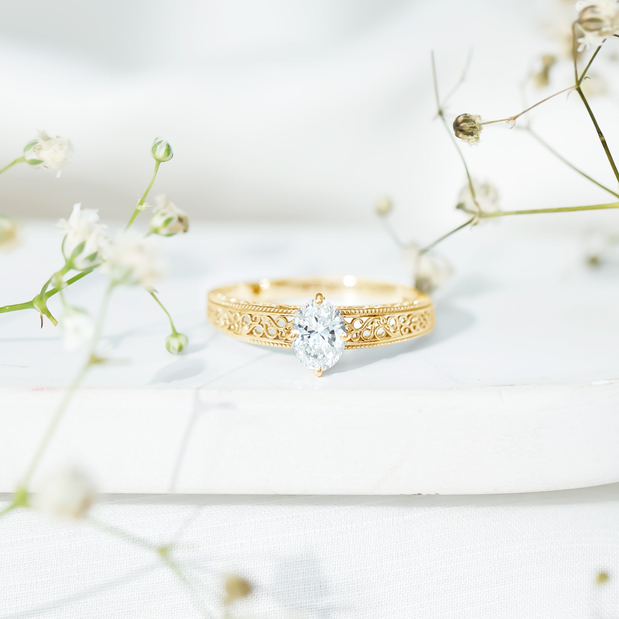 Oval Shape 6X8MM Lab Grown Diamond Filigree Engagement Ring