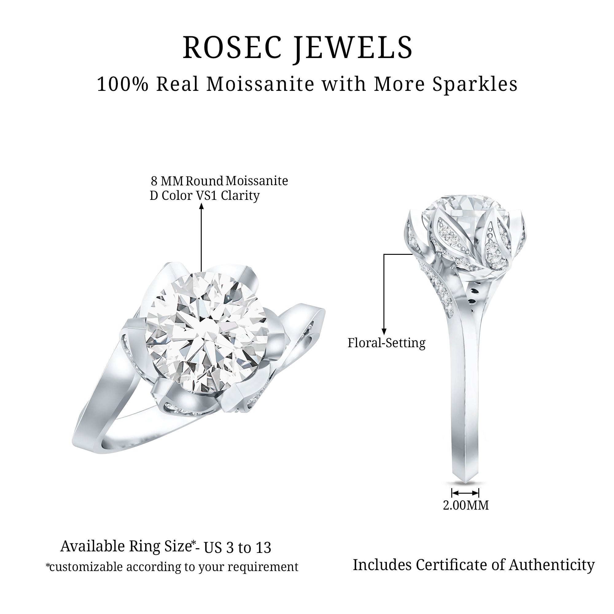 2 Carat Moissanite Floral Engagement Ring with Bypass Shank