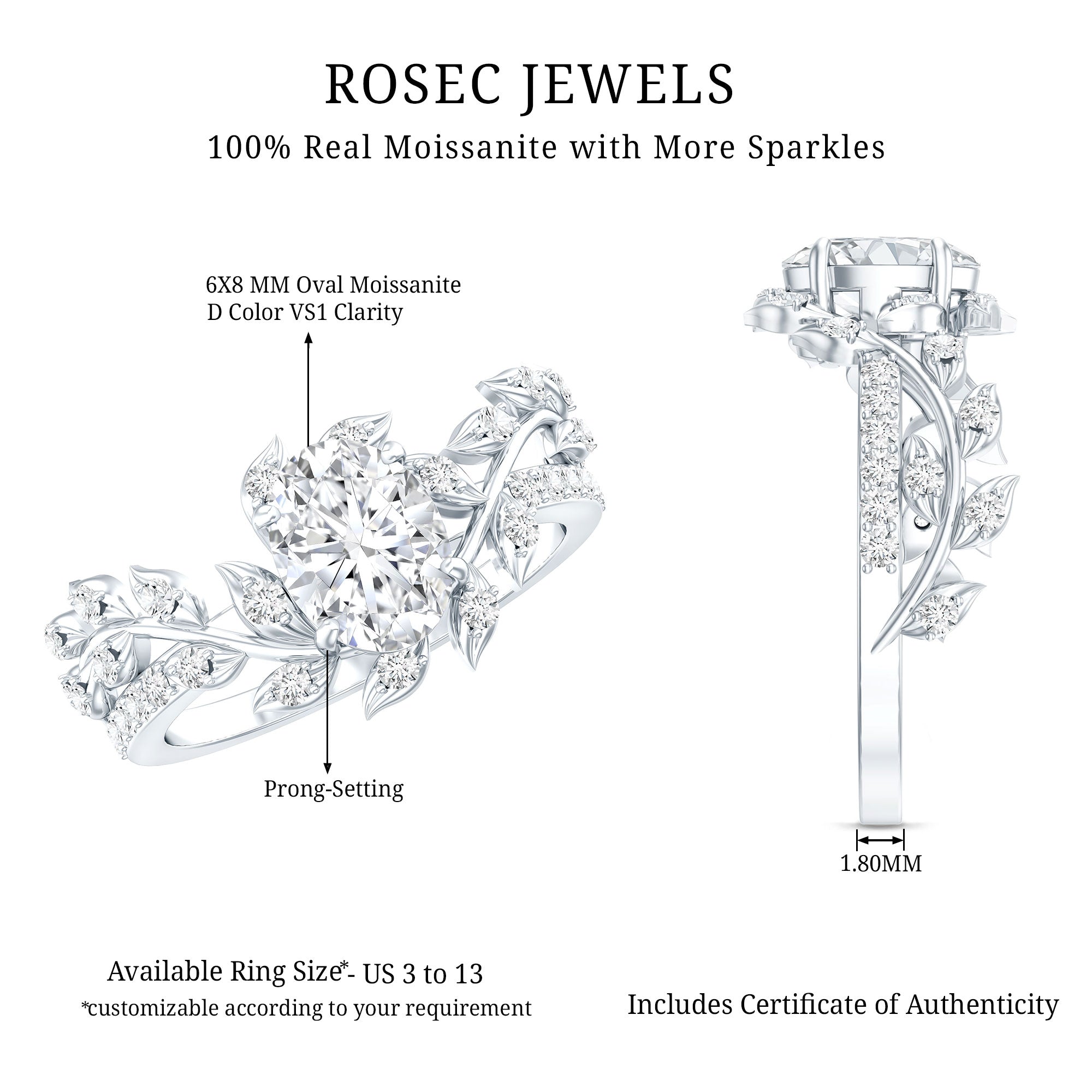 Certified 1.2 Carat Moissanite Vine Engagement Ring in Silver