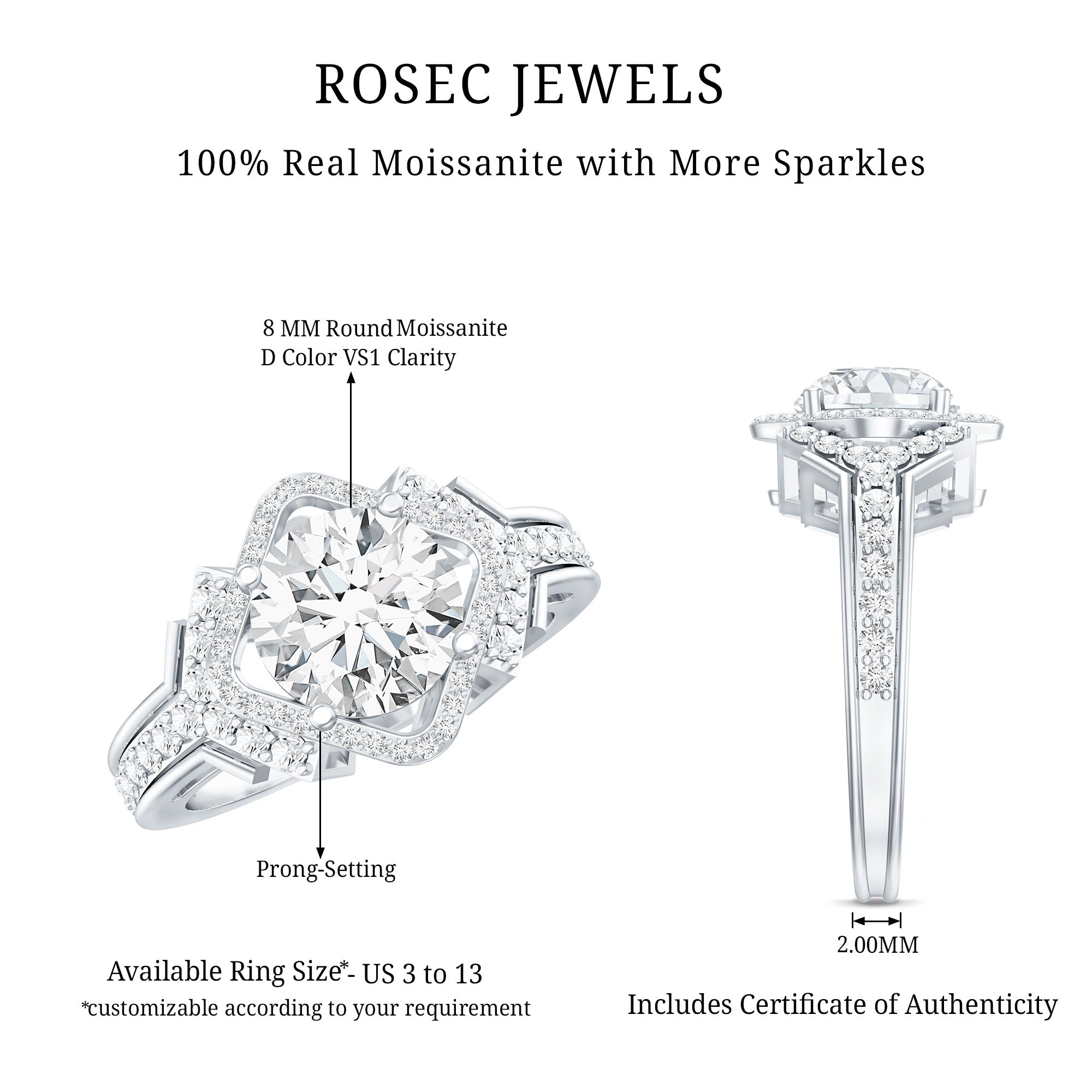 Certified 2 Carat Round Cut Moissanite Antique Engagement Ring