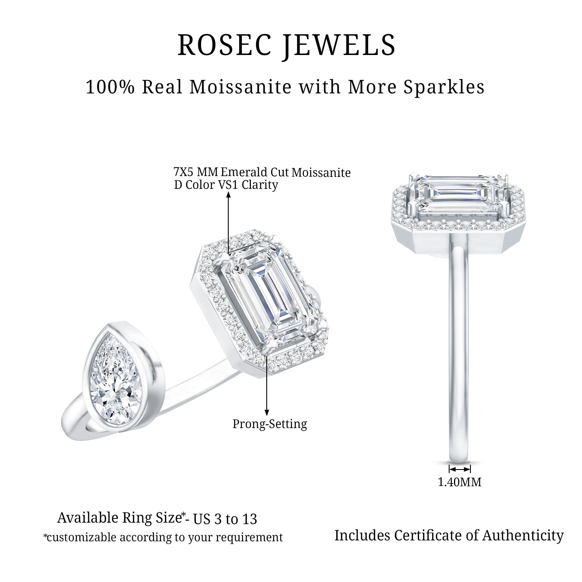 Women's Moissanite Two Stone Engagement Ring in Silver