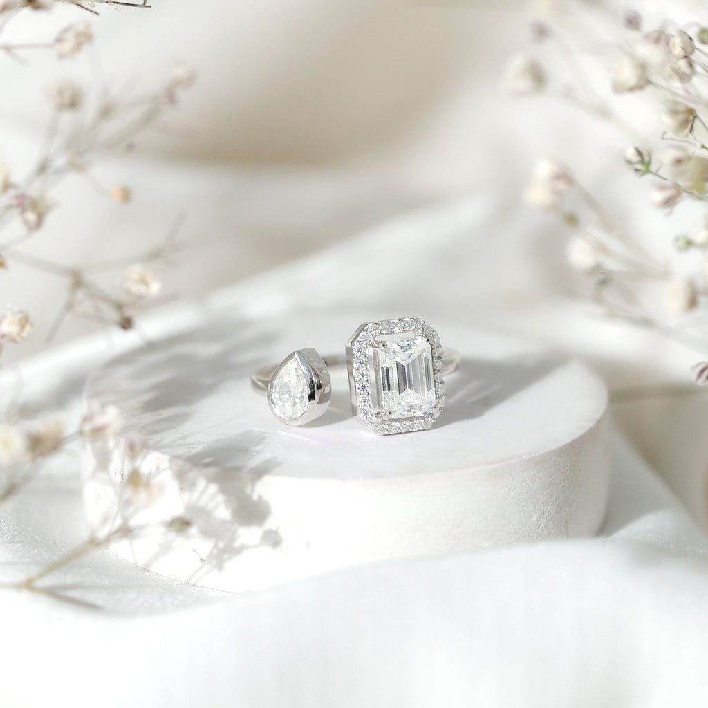 Women's Moissanite Two Stone Engagement Ring in Silver